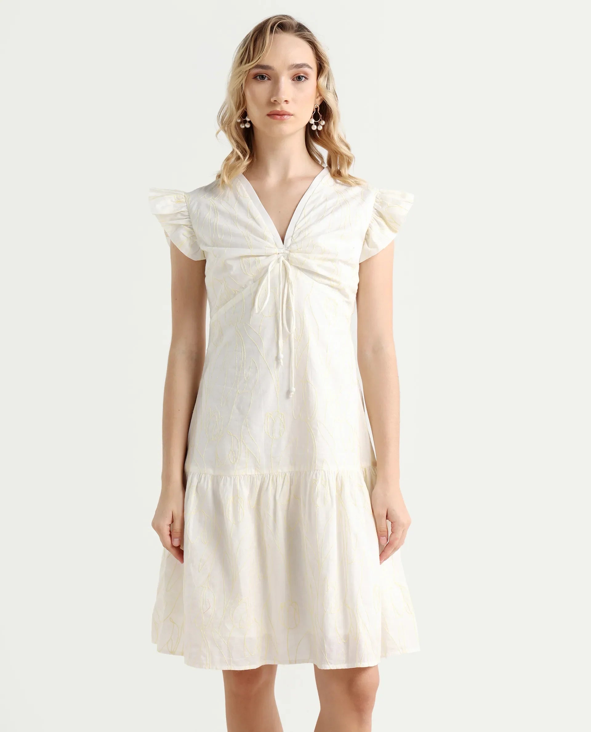 Rareism Women's Janarivi Off White Cotton V-Neck Embroidered Ruffled Sleeve Knee Length Fit And Flare Dress