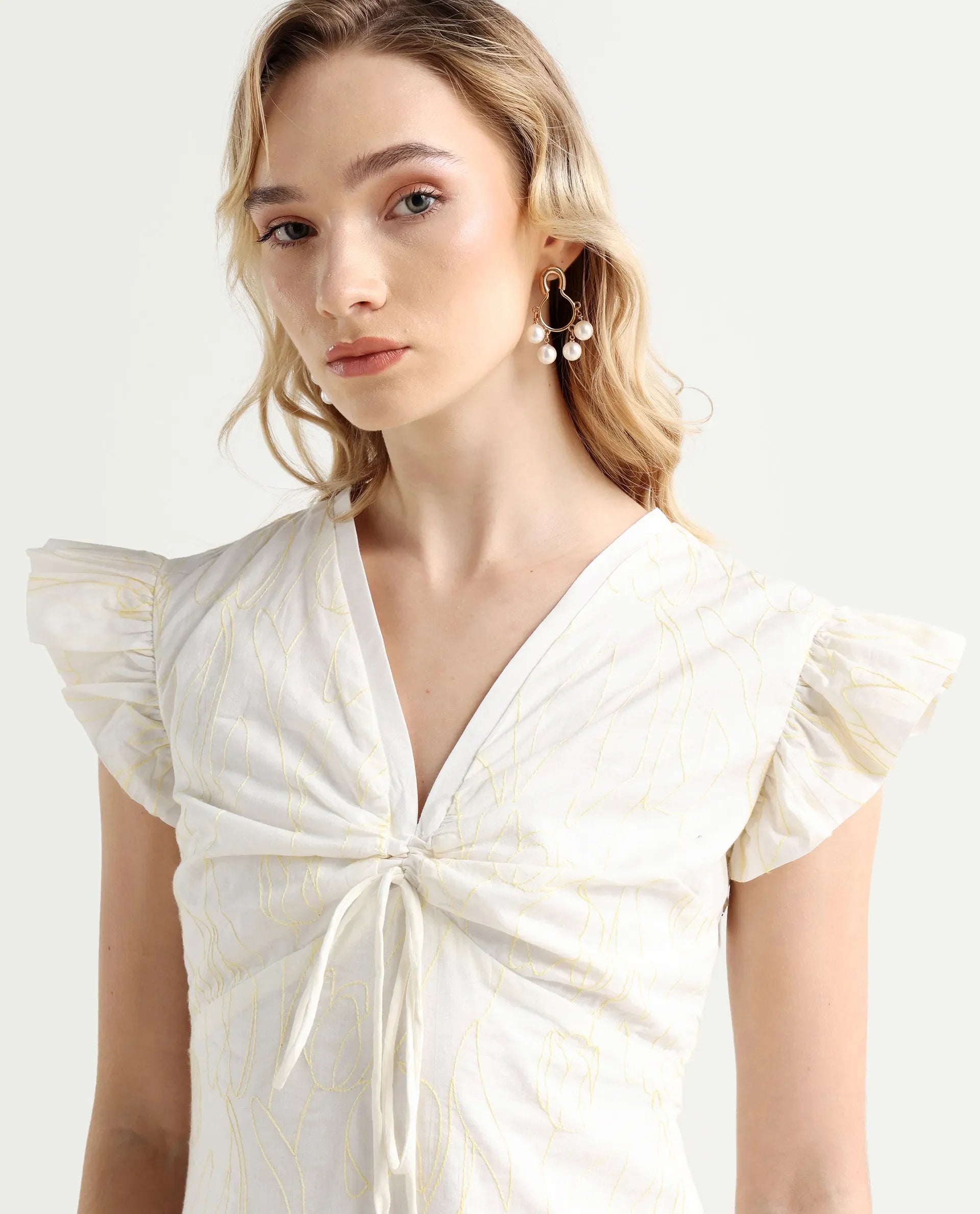 Rareism Women's Janarivi Off White Cotton V-Neck Embroidered Ruffled Sleeve Knee Length Fit And Flare Dress