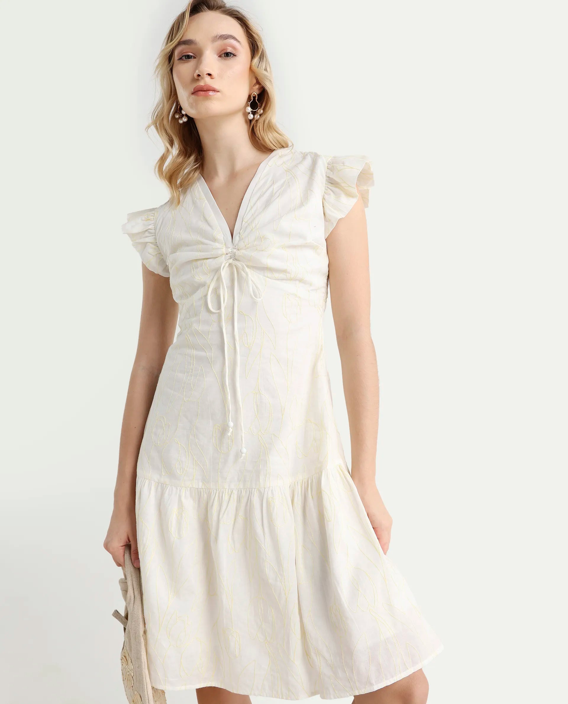 Rareism Women's Janarivi Off White Cotton V-Neck Embroidered Ruffled Sleeve Knee Length Fit And Flare Dress