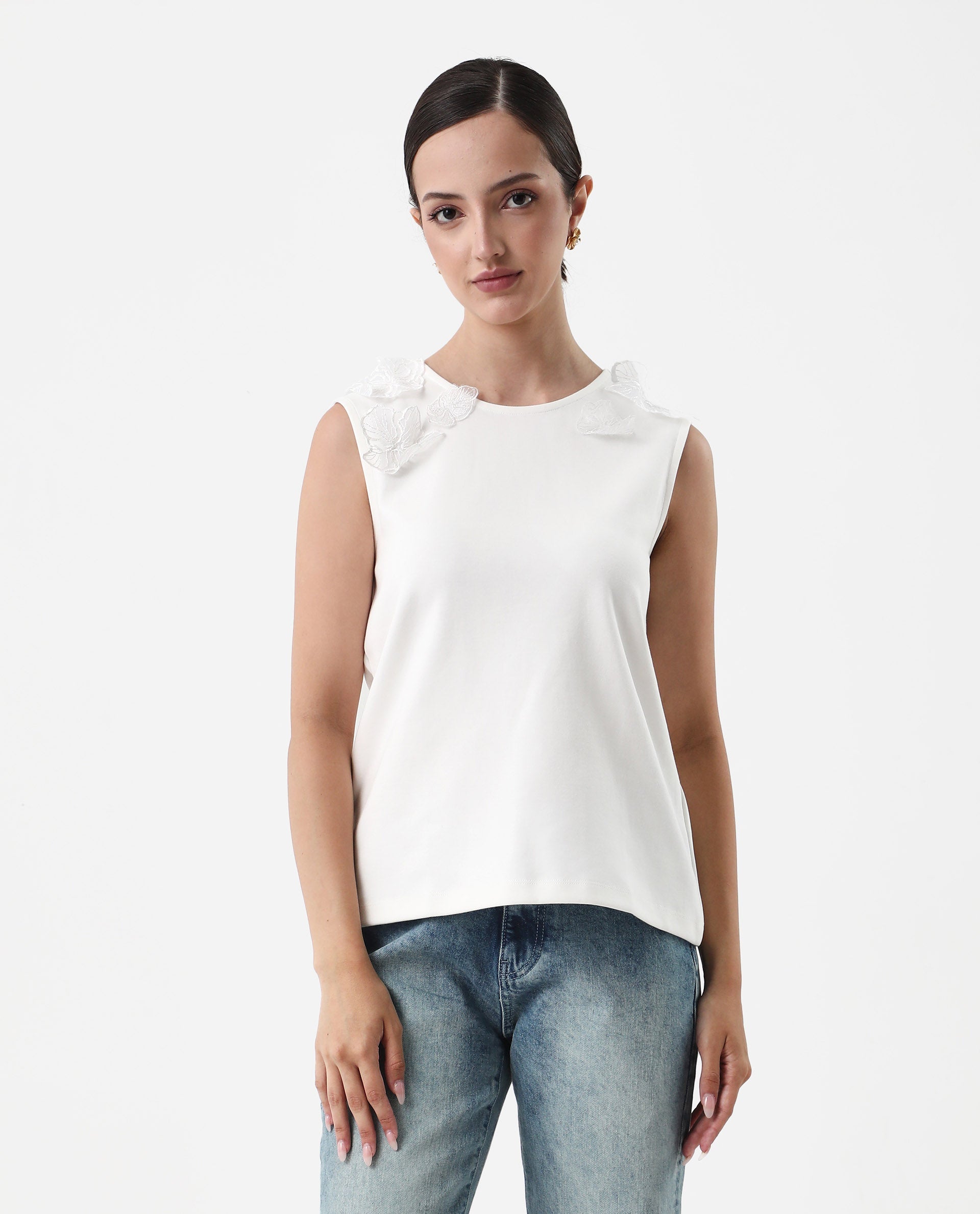 Rareism Women's Janbed Off White Cotton Round Neck Plain Sleeveless Regular Fit T-Shirt