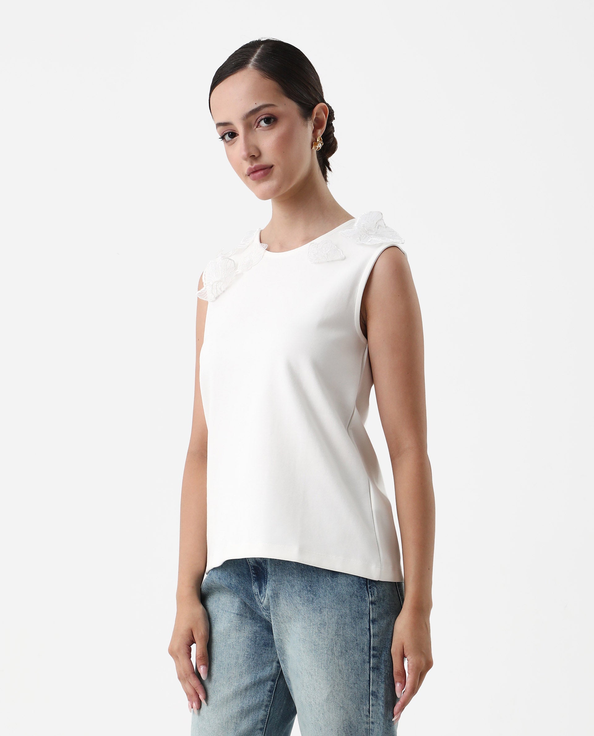 Rareism Women's Janbed Off White Cotton Round Neck Plain Sleeveless Regular Fit T-Shirt