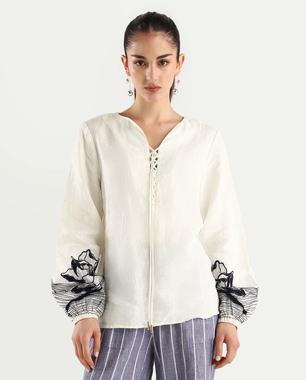 Rareism Women's Janbo White Linen Tie-Up Neck Embroidered Bishop Sleeve Regular Fit Top