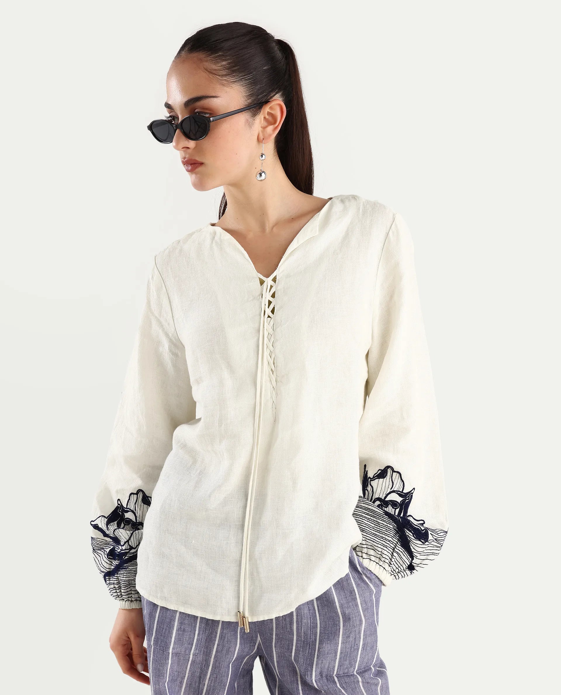 Rareism Women's Janbo White Linen Tie-Up Neck Embroidered Bishop Sleeve Regular Fit Top