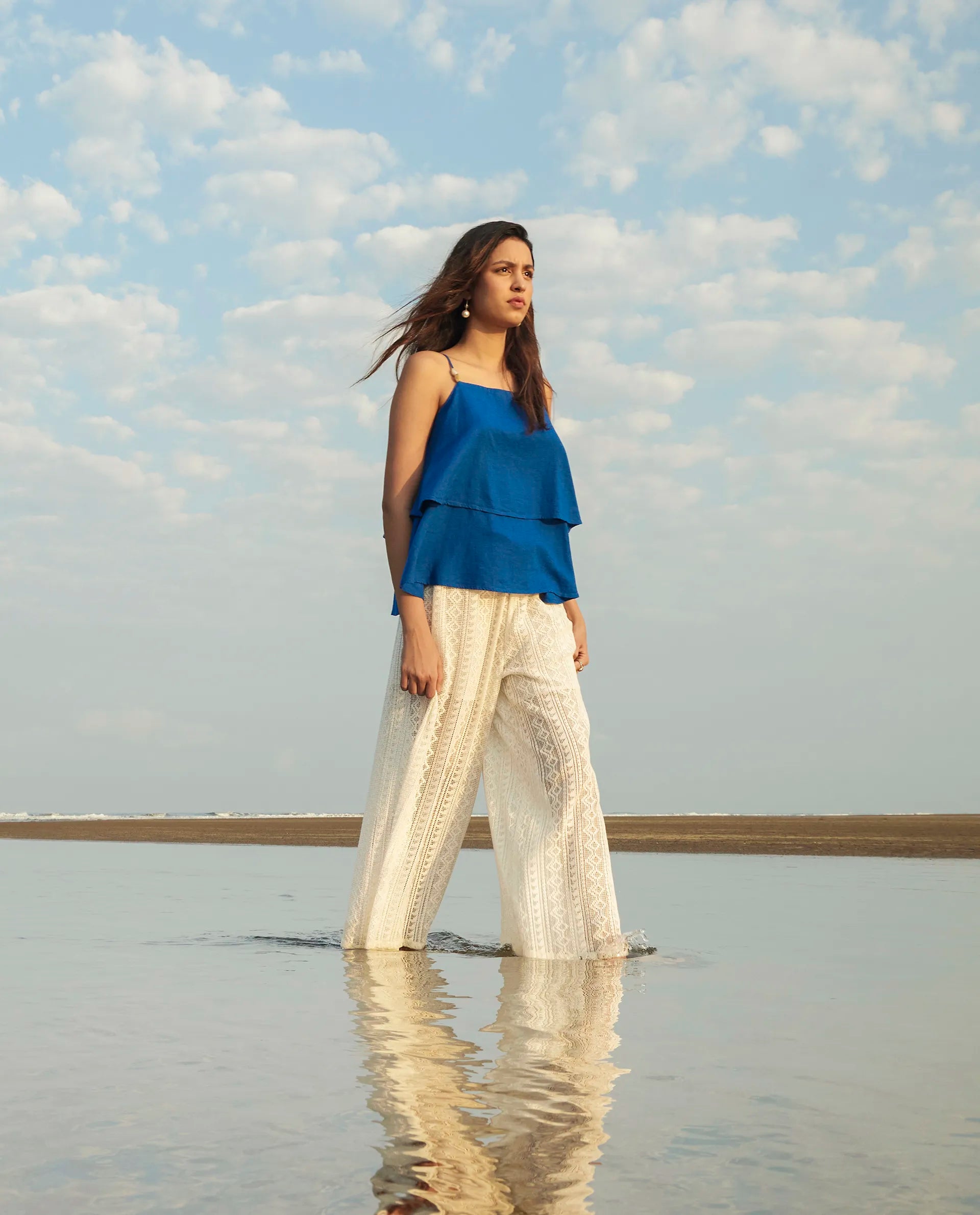 Rareism Women's Jancodam-B Beige Cotton Plain Ankle Length Wide Trouser