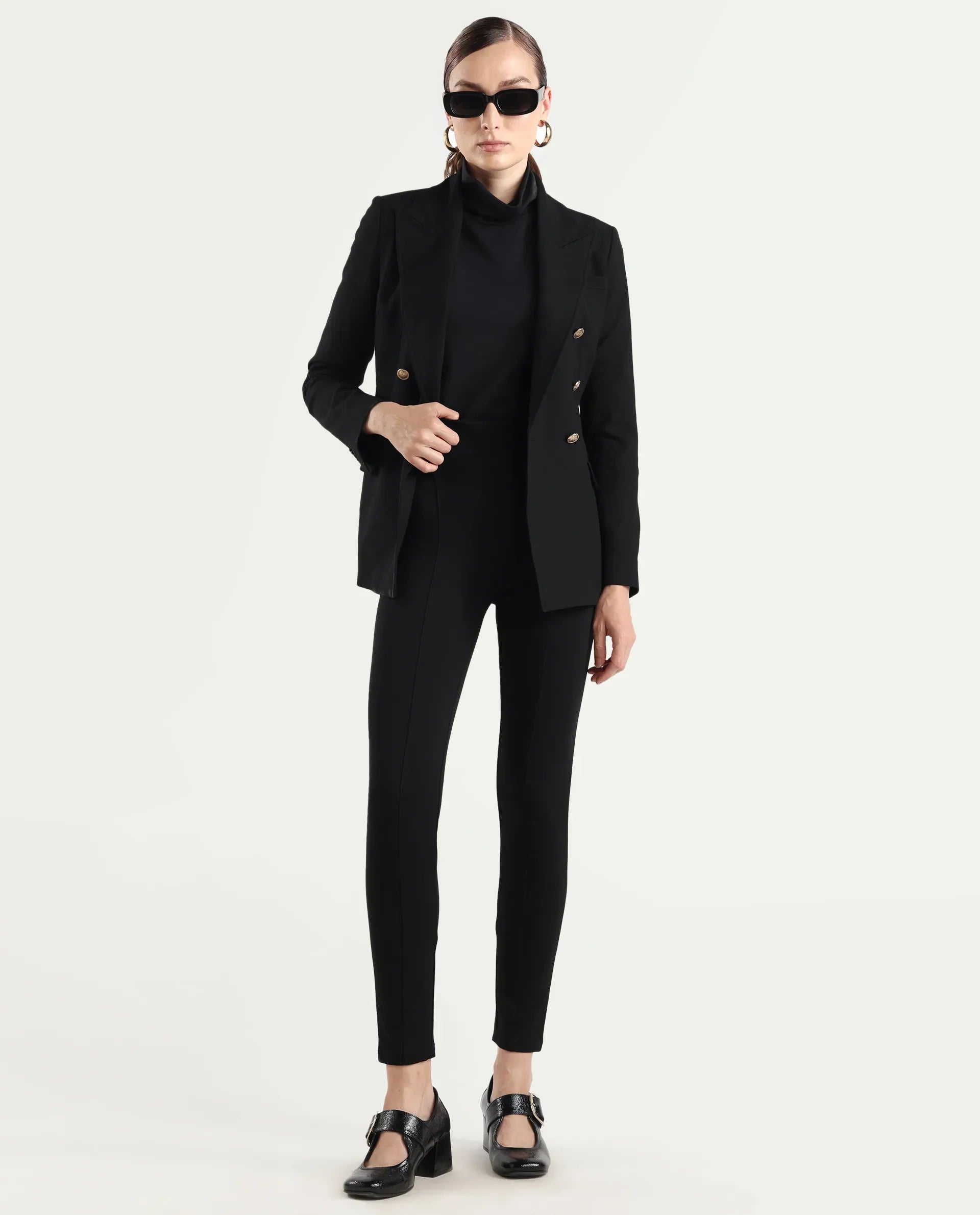 Rareism Women's Jancuro Black Nylon Skinny Fit Plain Trouser