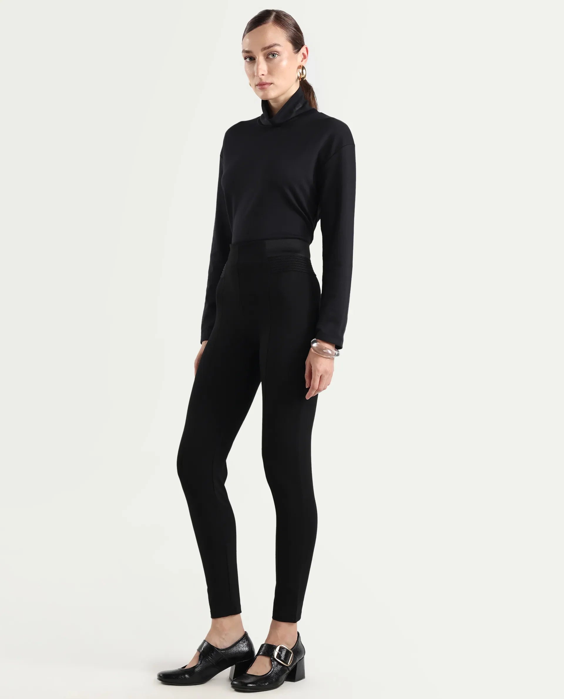 Rareism Women's Jancuro Black Nylon Skinny Fit Plain Trouser