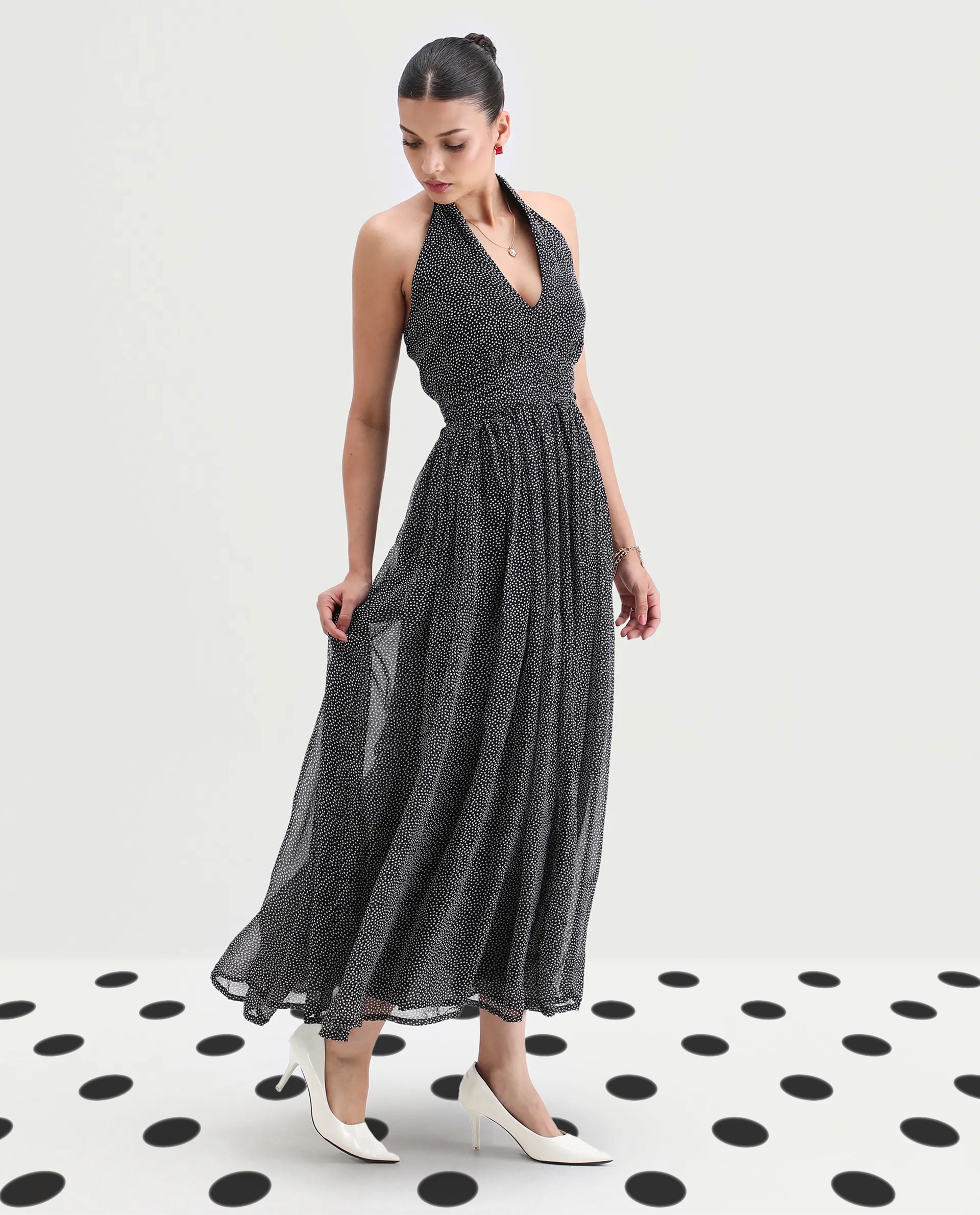 Rareism Women's Janert Black Viscose Halter Neck Polka Print Sleeveless Maxi Fit And Flare Dress