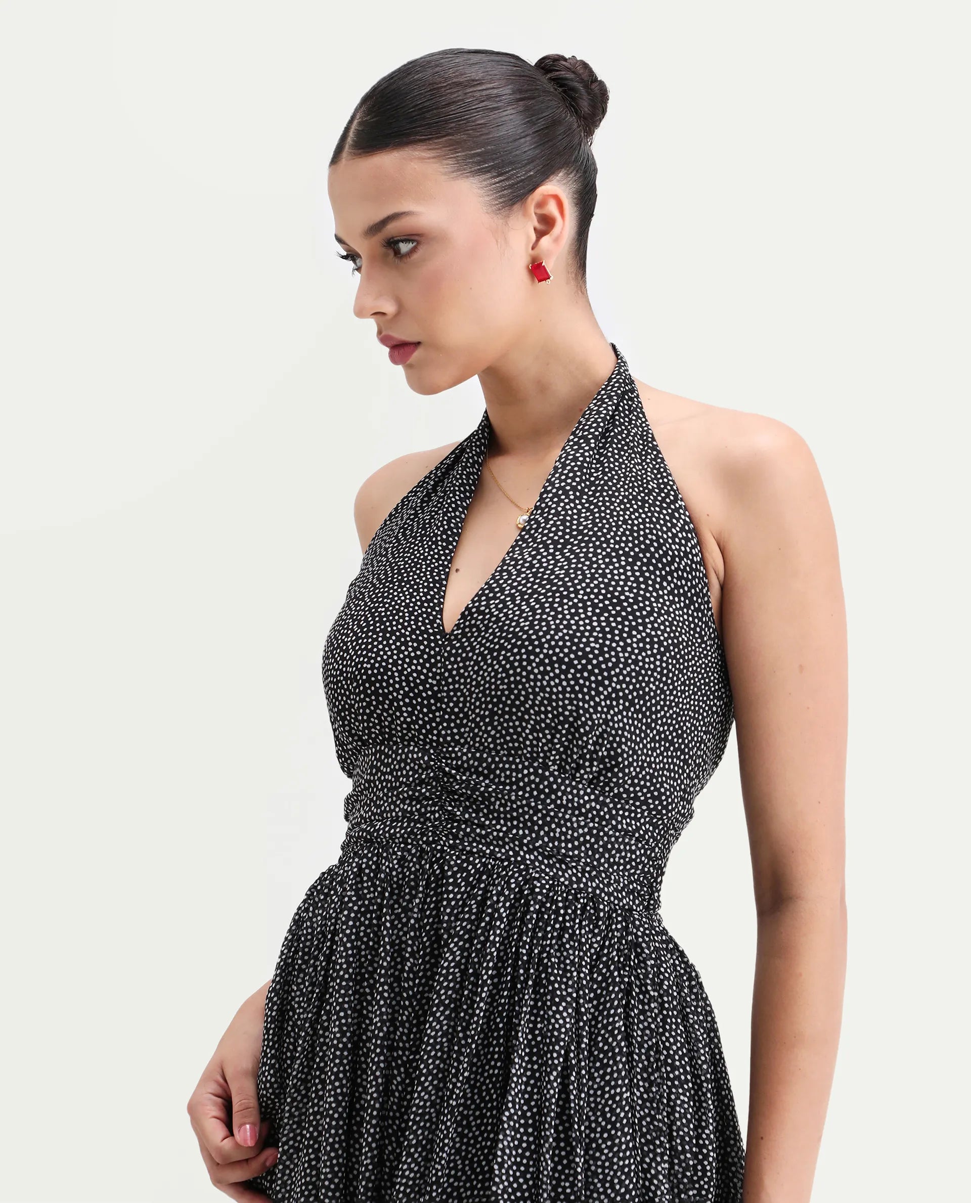 Rareism Women's Janert Black Viscose Halter Neck Polka Print Sleeveless Maxi Fit And Flare Dress