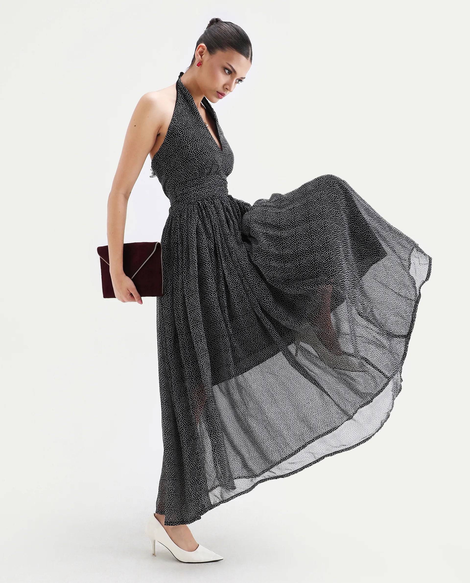 Rareism Women's Janert Black Viscose Halter Neck Polka Print Sleeveless Maxi Fit And Flare Dress