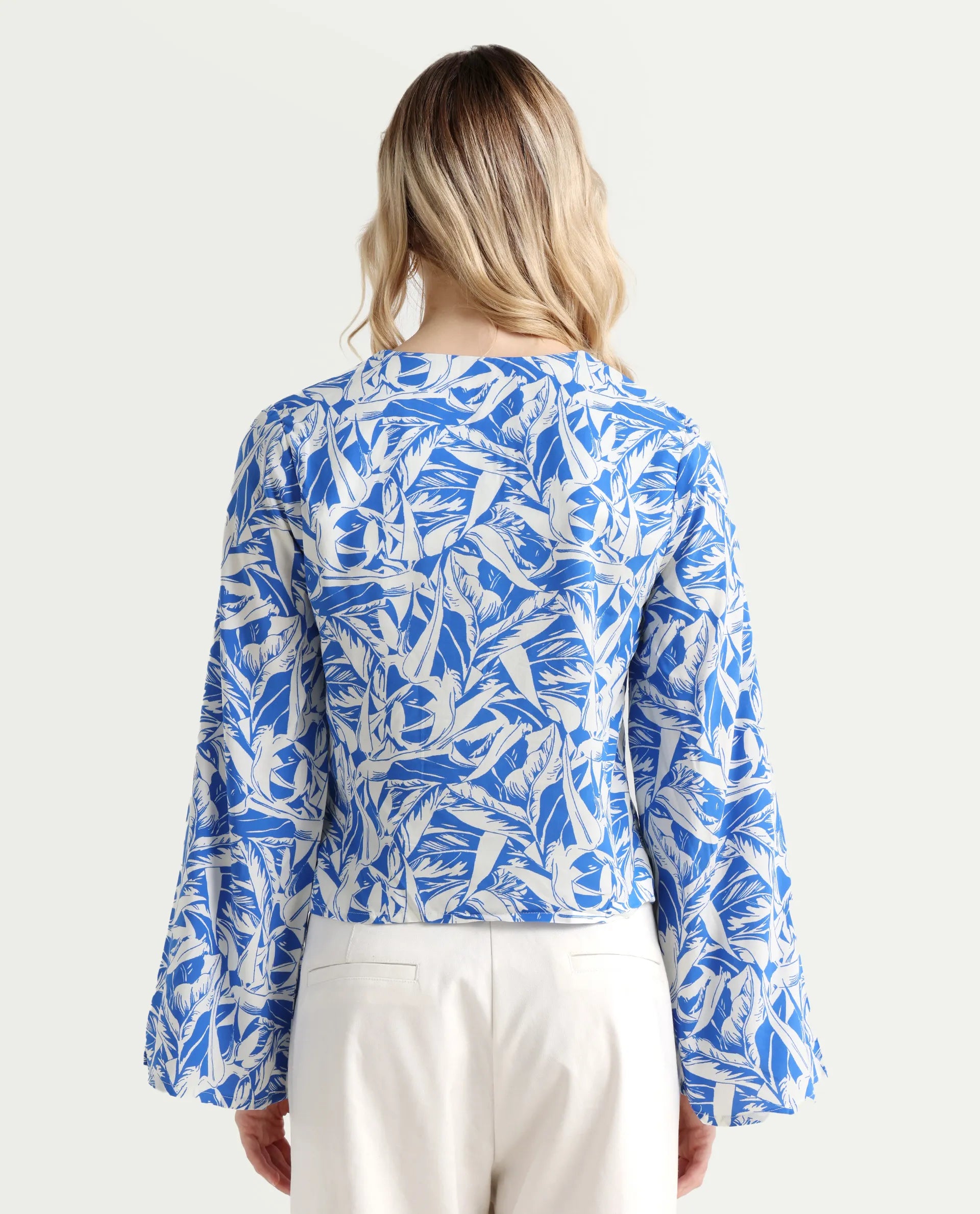 Rareism Women's Jankem Light Blue Viscose Overlap Neck Abstract Print Bell Sleeve Crop Regular Fit Top