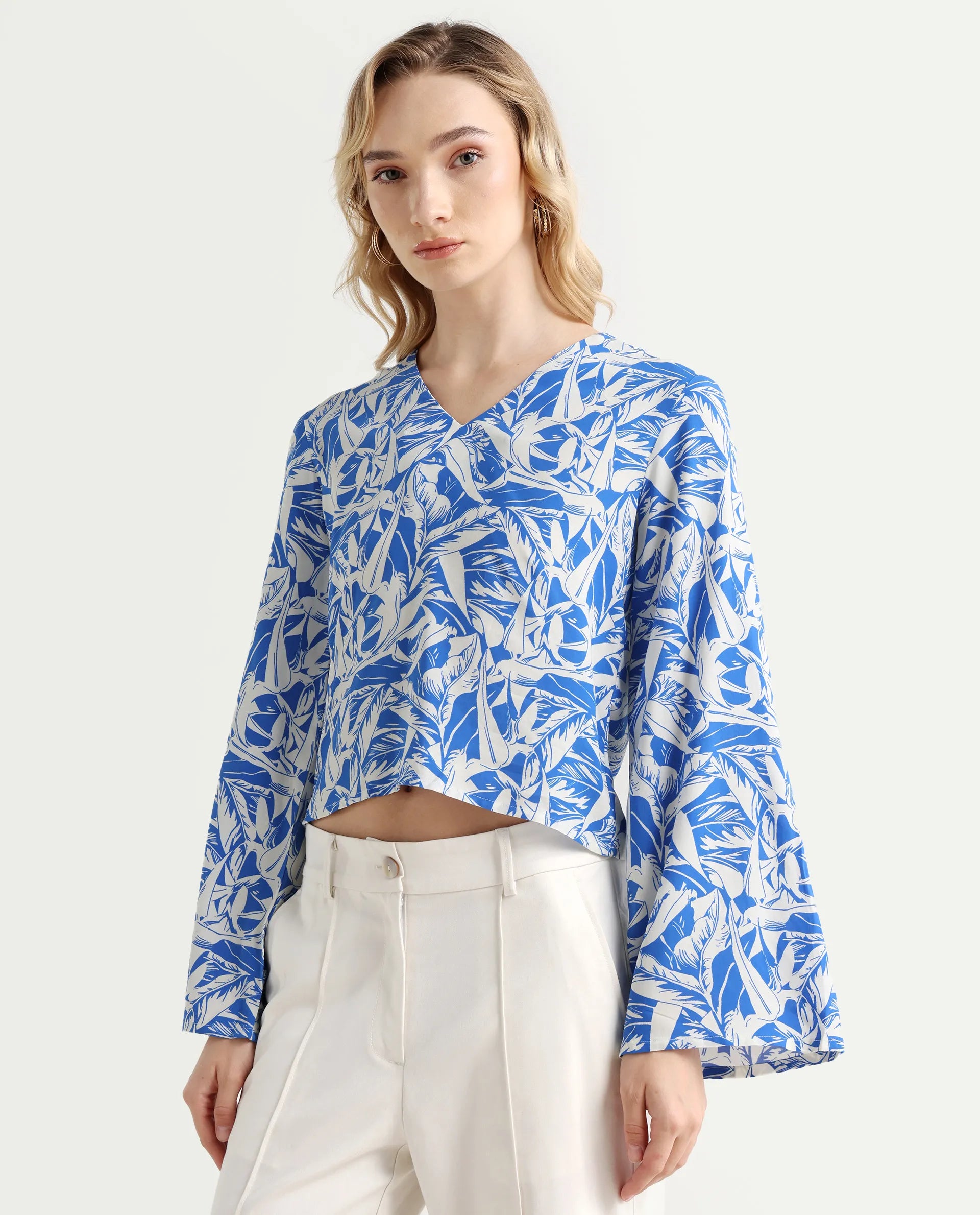 Rareism Women's Jankem Light Blue Viscose Overlap Neck Abstract Print Bell Sleeve Crop Regular Fit Top