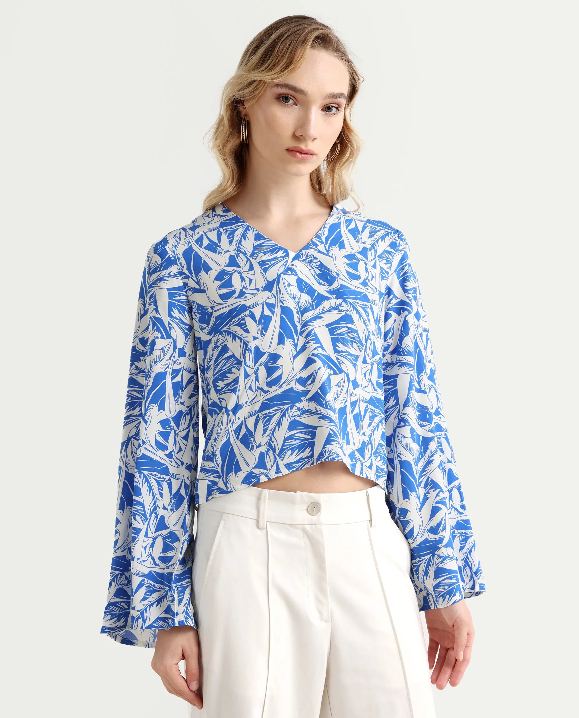 Rareism Women's Jankem Light Blue Viscose Overlap Neck Abstract Print Bell Sleeve Crop Regular Fit Top