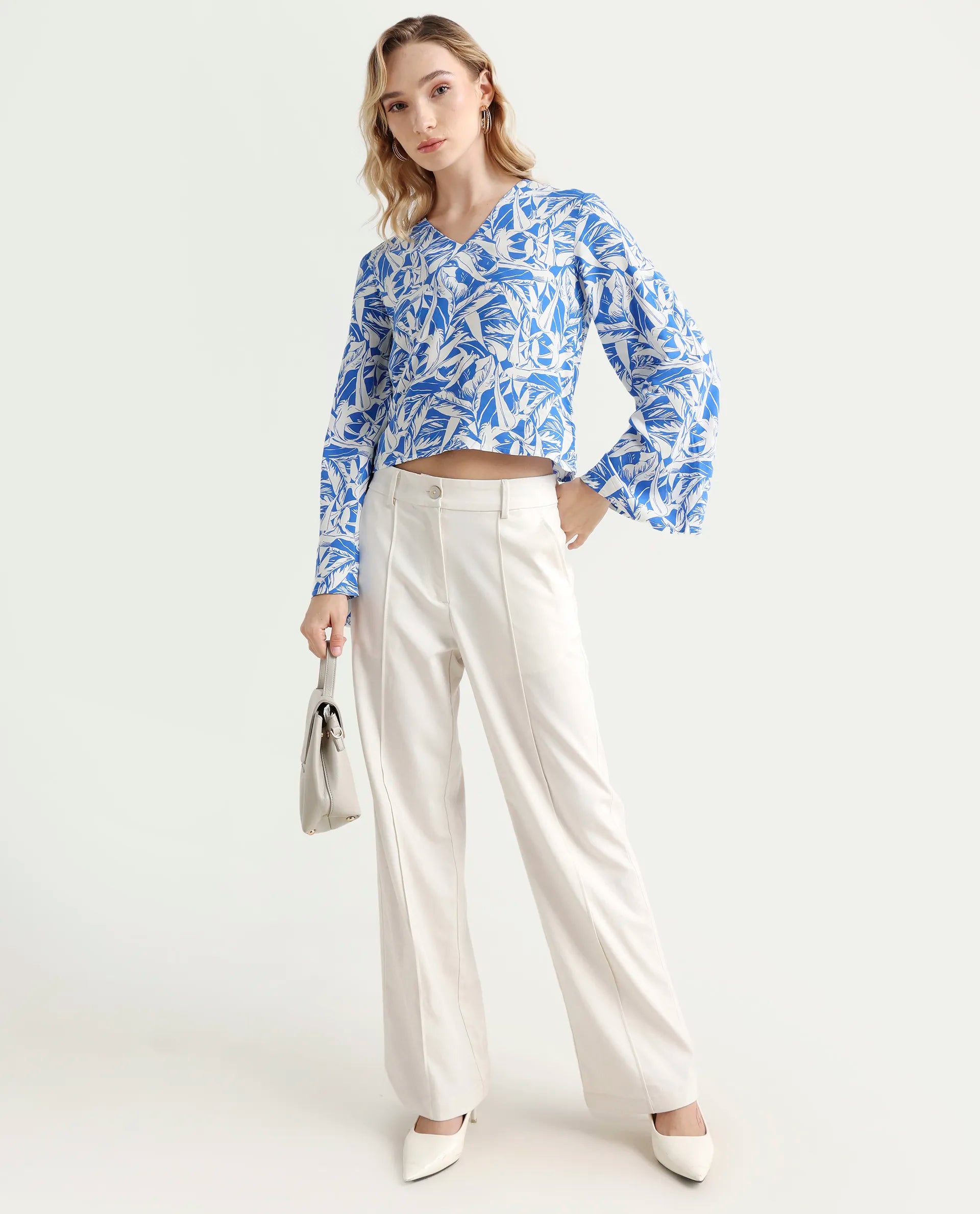 Rareism Women's Jankem Light Blue Viscose Overlap Neck Abstract Print Bell Sleeve Crop Regular Fit Top