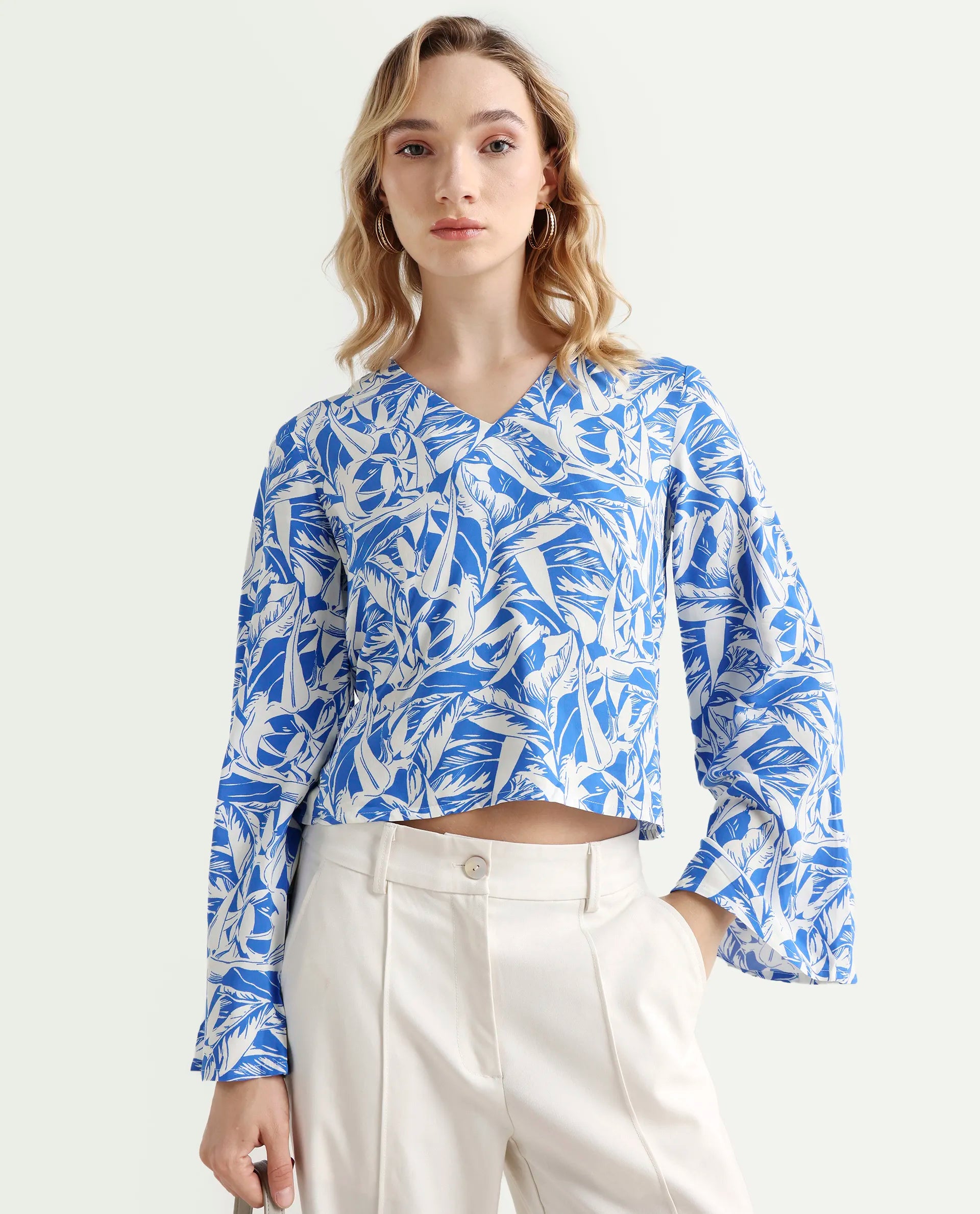 Rareism Women's Jankem Light Blue Viscose Overlap Neck Abstract Print Bell Sleeve Crop Regular Fit Top