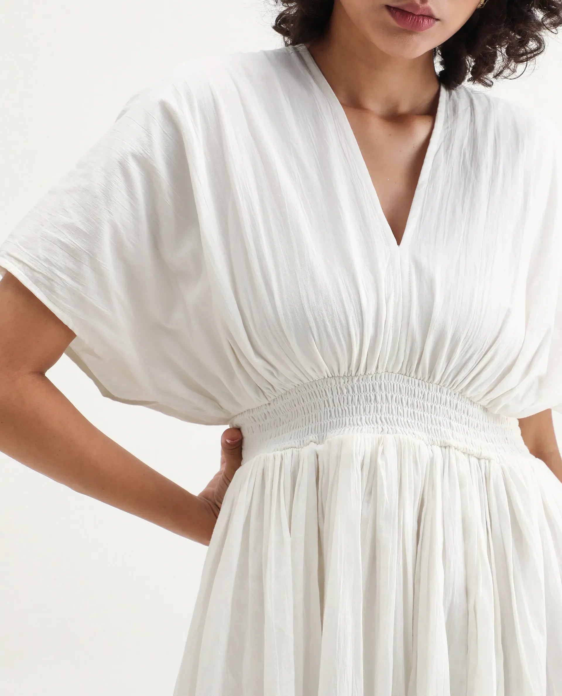 Rareism Women's Janmay Beige Cotton V-Neck Plain Kimono Sleeve Maxi Flared Dress