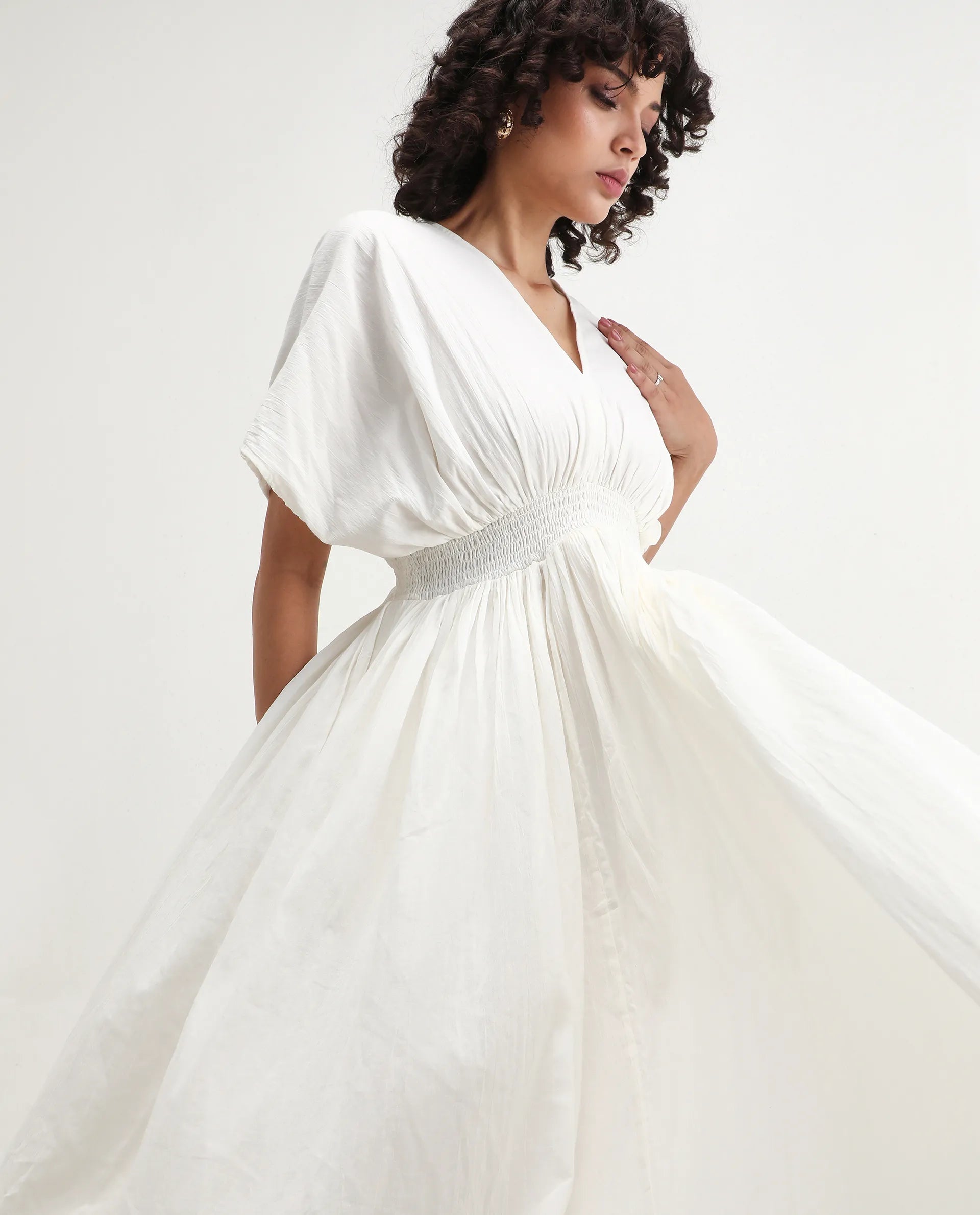 Rareism Women's Janmay Beige Cotton V-Neck Plain Kimono Sleeve Maxi Flared Dress