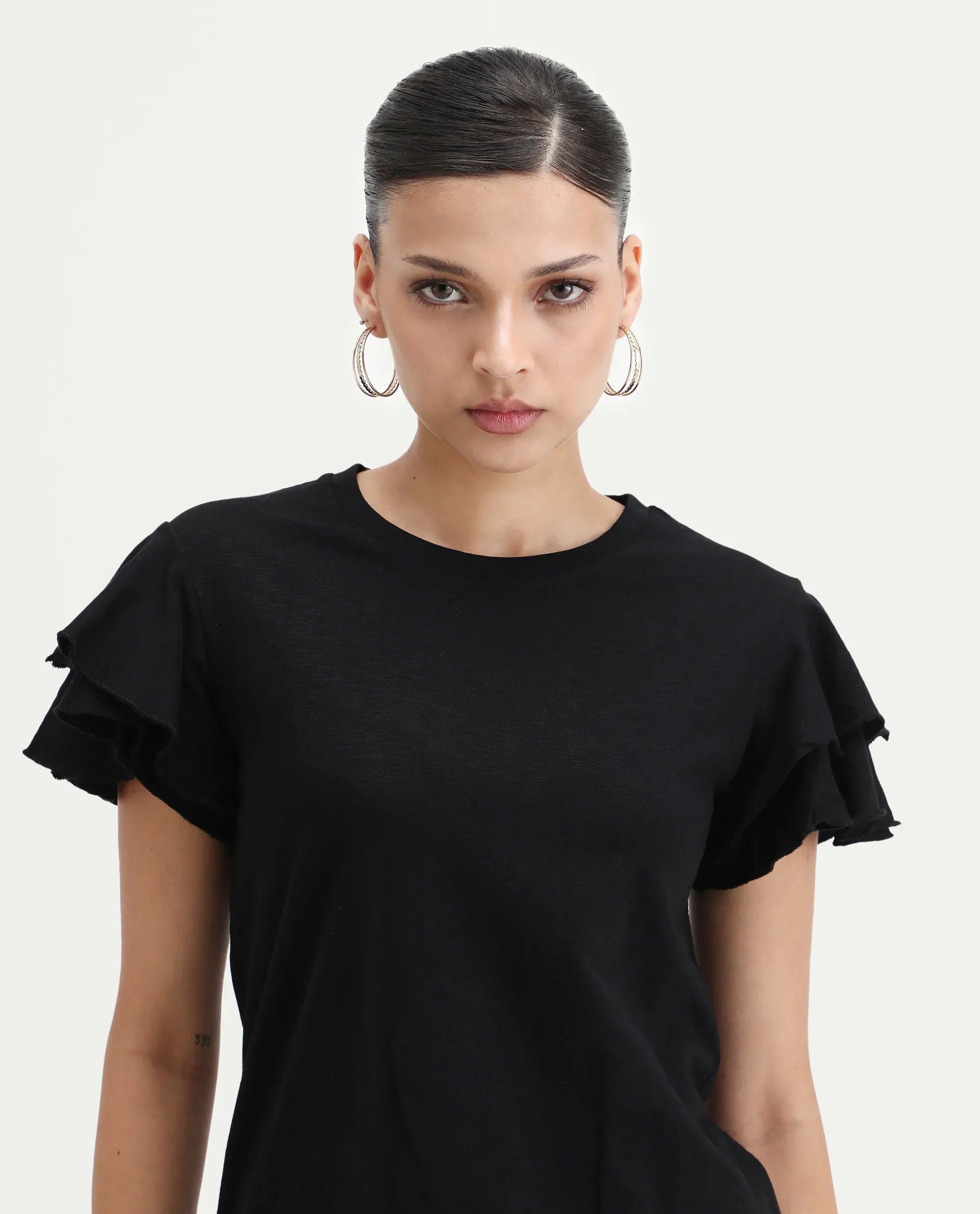 Rareism Women's Janruf Black Cotton Round Neck Plain Ruffled Sleeve Regular Fit T-Shirt