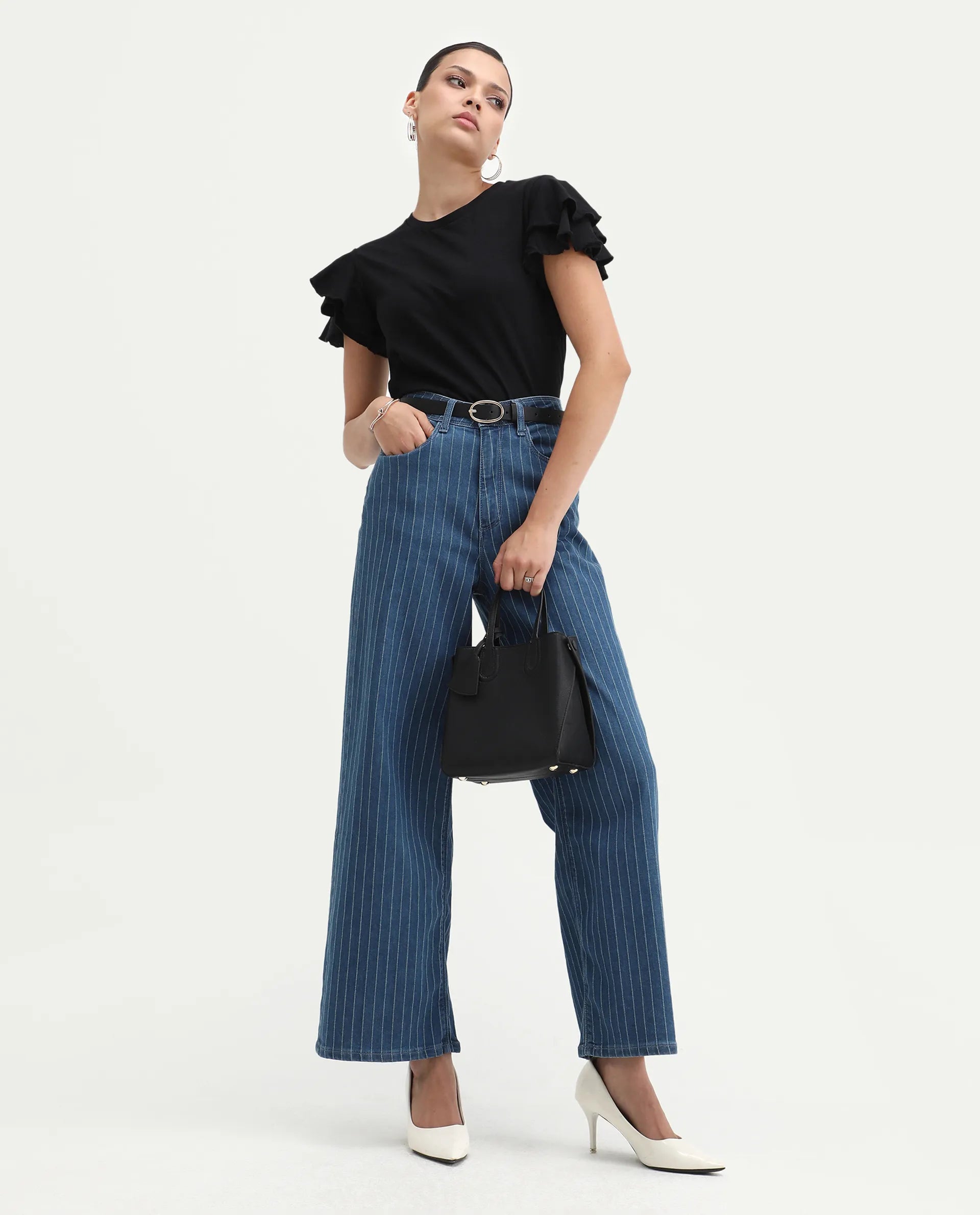 Rareism Women's Janruf Black Cotton Round Neck Plain Ruffled Sleeve Regular Fit T-Shirt