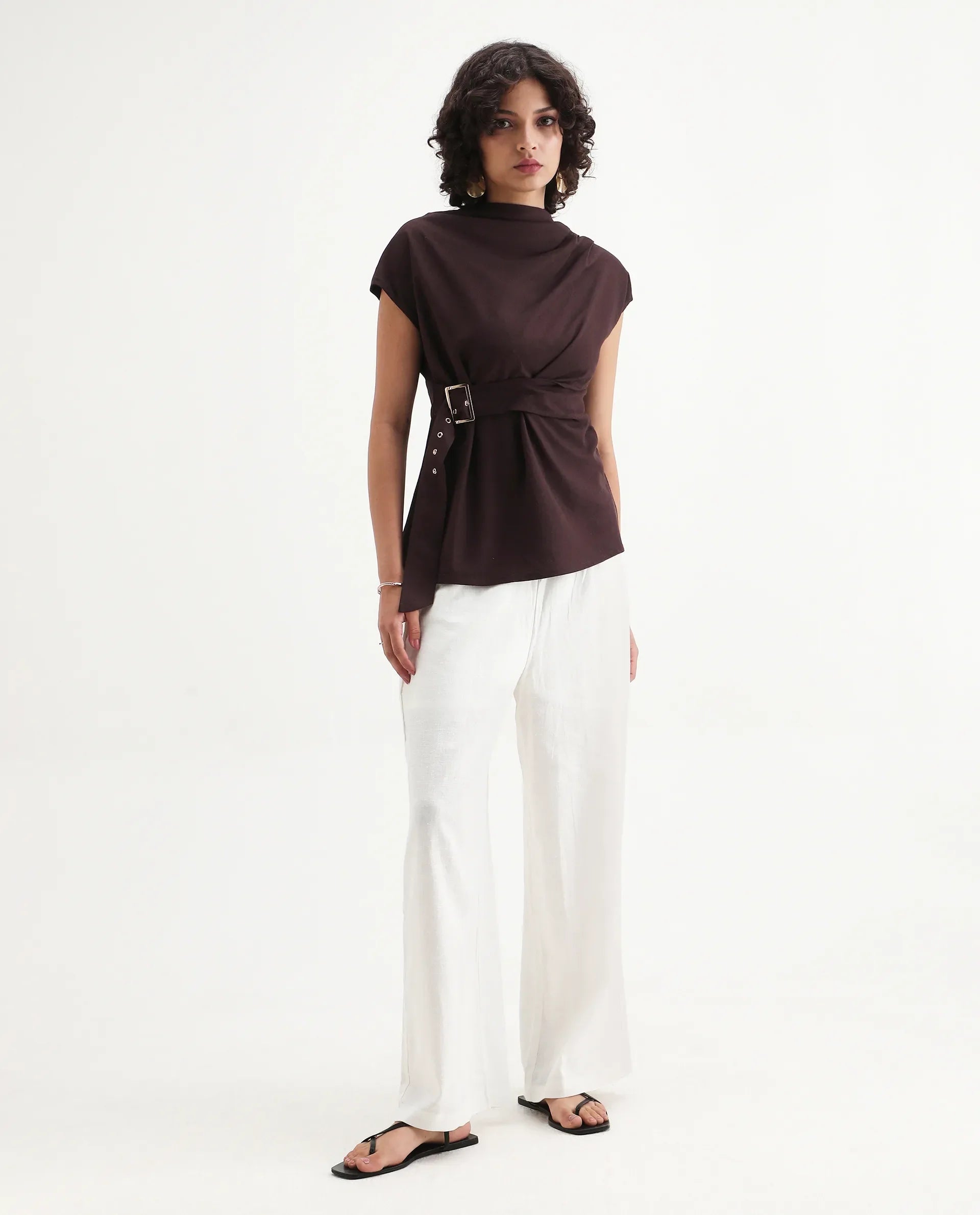 Rareism Women's Janry Beige Viscose Blend Plain Ankle Length Straight Fit Trouser