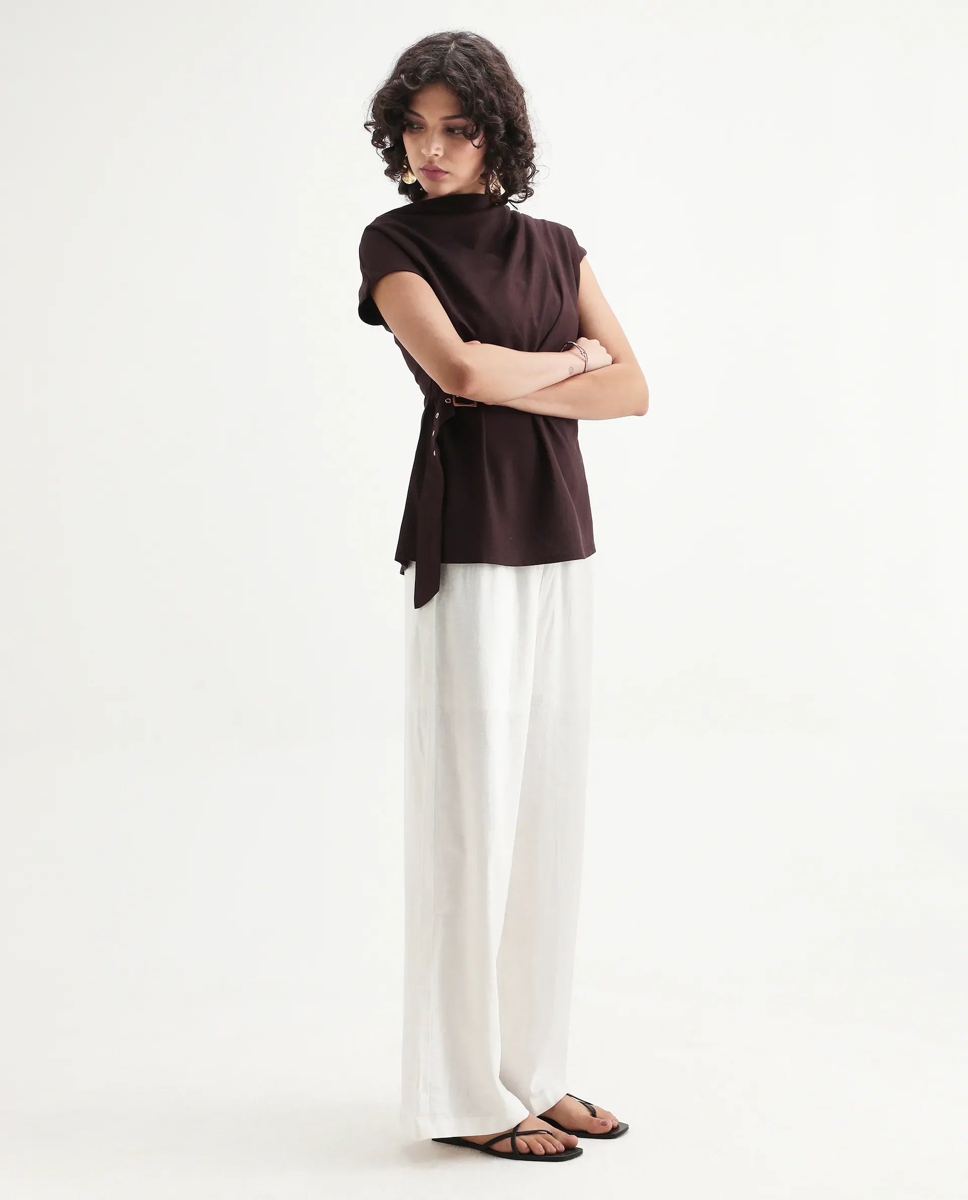 Rareism Women's Janry Beige Viscose Blend Plain Ankle Length Straight Fit Trouser