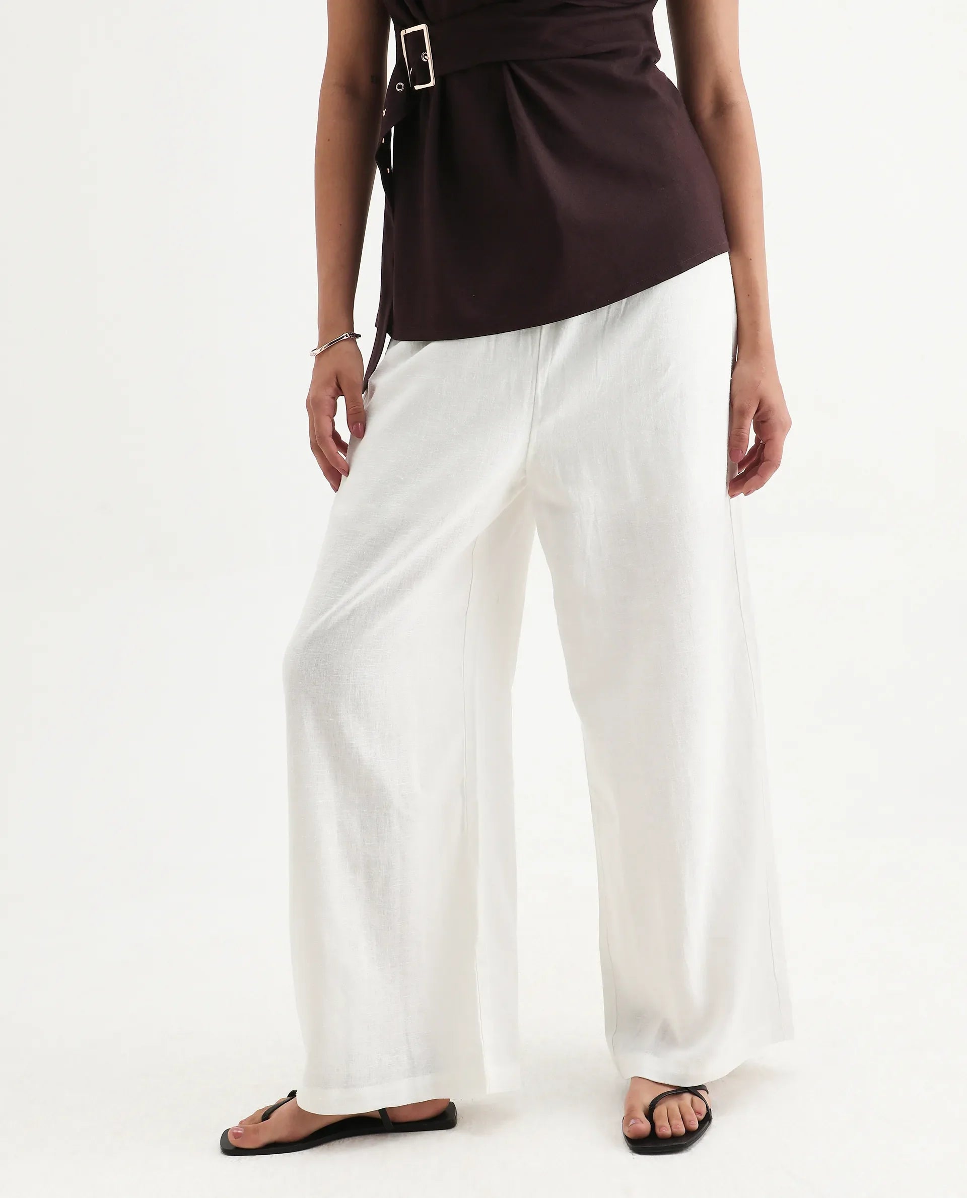 Rareism Women's Janry Beige Linen Plain Ankle Length Straight Fit Trouser