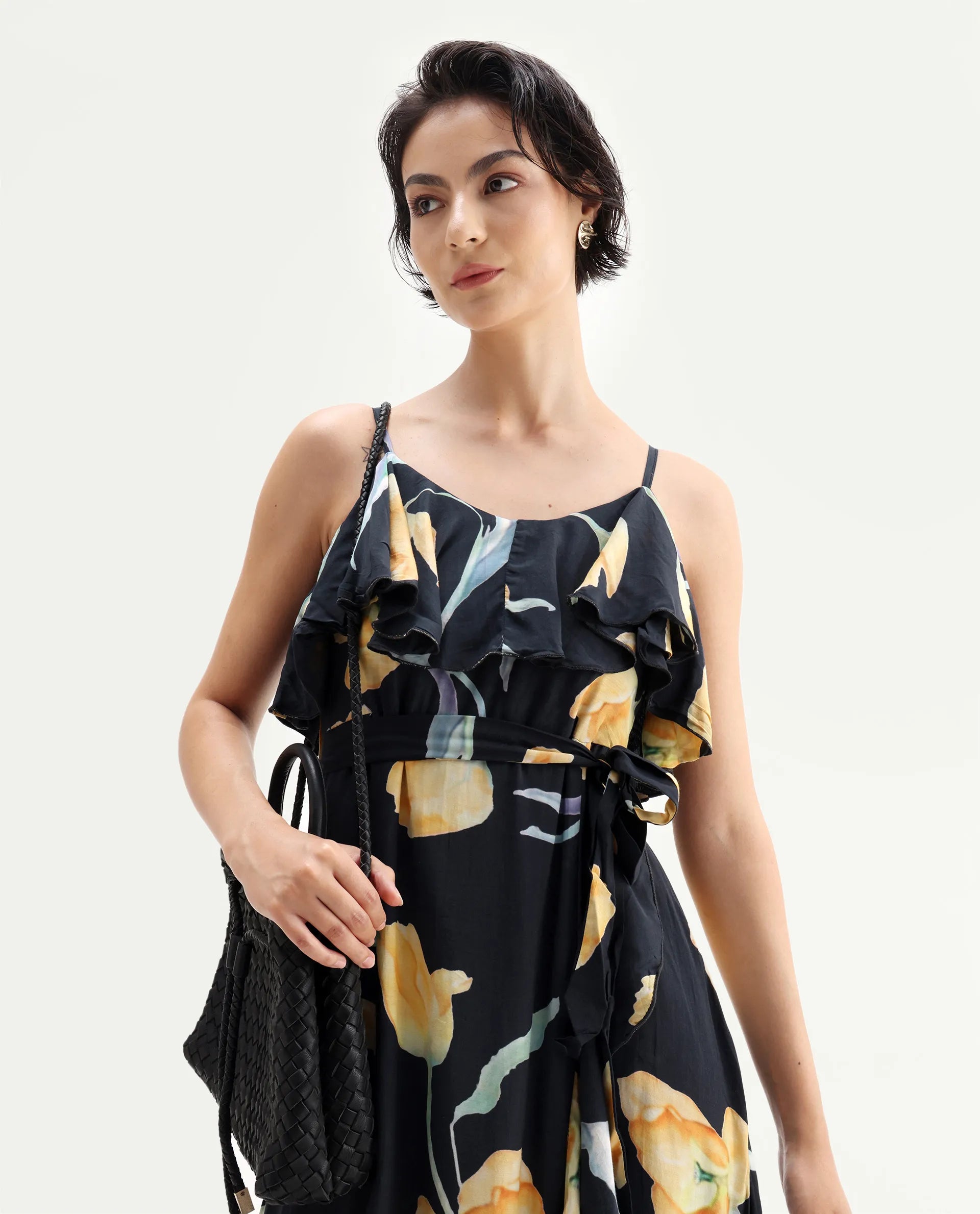 Rareism Women's Jantoto Black Viscose Shoulder Strap Floral Print Sleeveless Midi Fit And Flare Dress