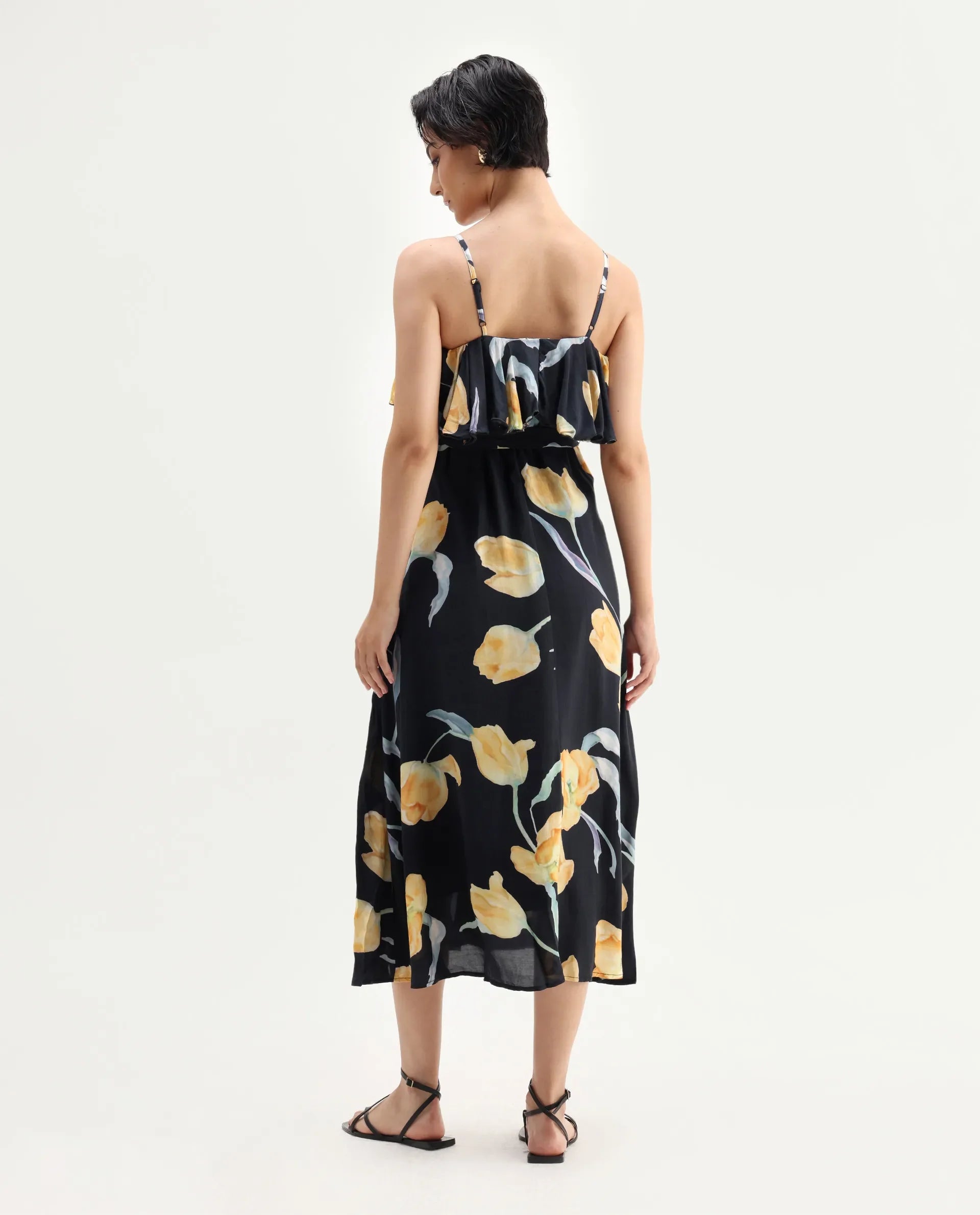 Rareism Women's Jantoto Black Viscose Shoulder Strap Floral Print Sleeveless Midi Fit And Flare Dress