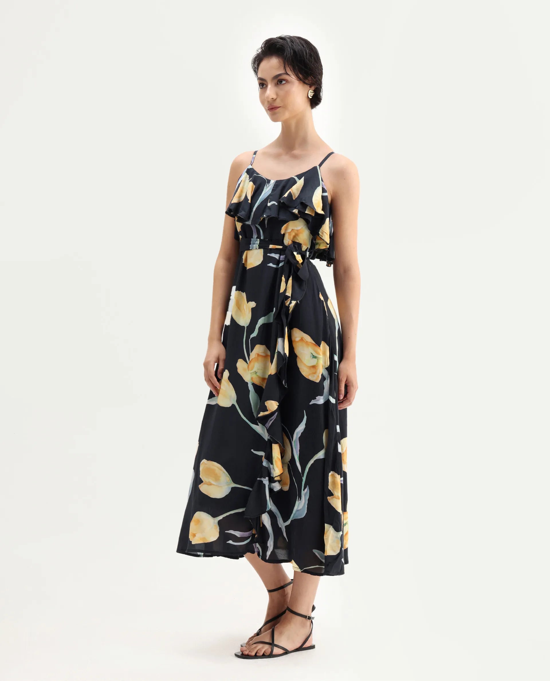 Rareism Women's Jantoto Black Viscose Shoulder Strap Floral Print Sleeveless Midi Fit And Flare Dress