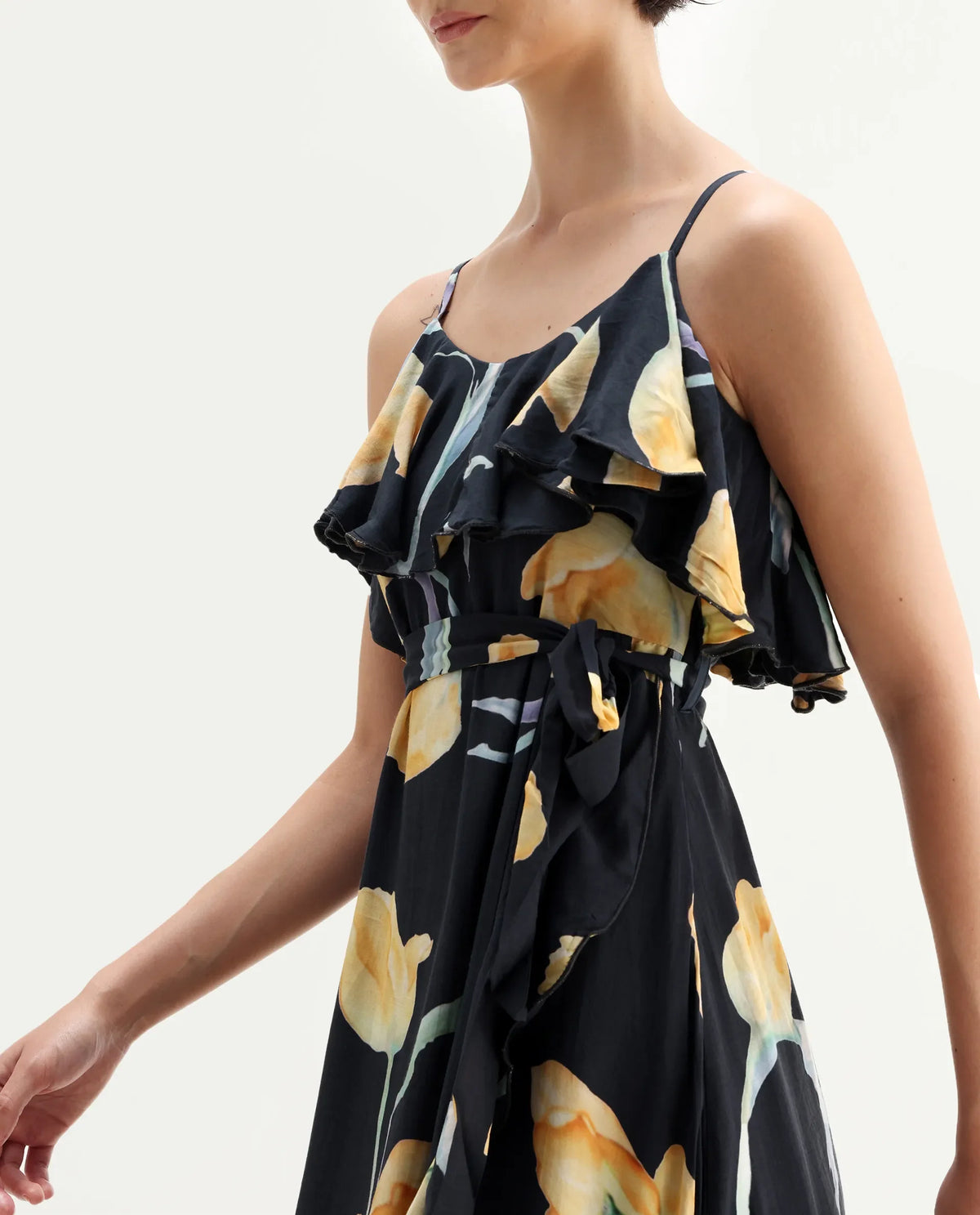 Rareism Women's Jantoto Black Viscose Shoulder Strap Floral Print Sleeveless Midi Fit And Flare Dress