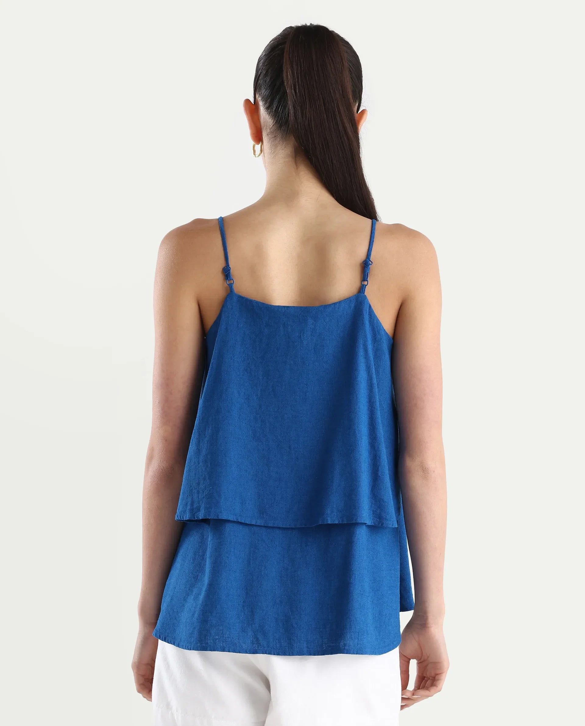 Rareism Women's Januana Blue Linen Shoulder Strap Plain Sleeveless Flared Top
