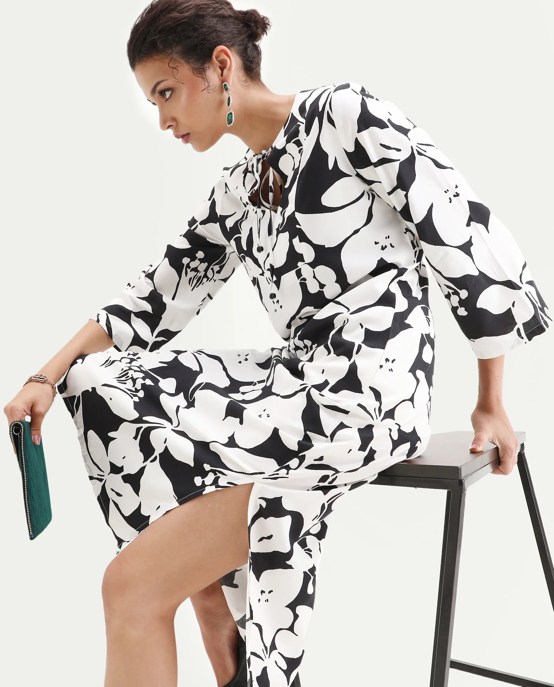 Rareism Women's Janzen Black Viscose Tie-Up Neck Floral Print Bell Sleeve Midi Straight Fit Dress