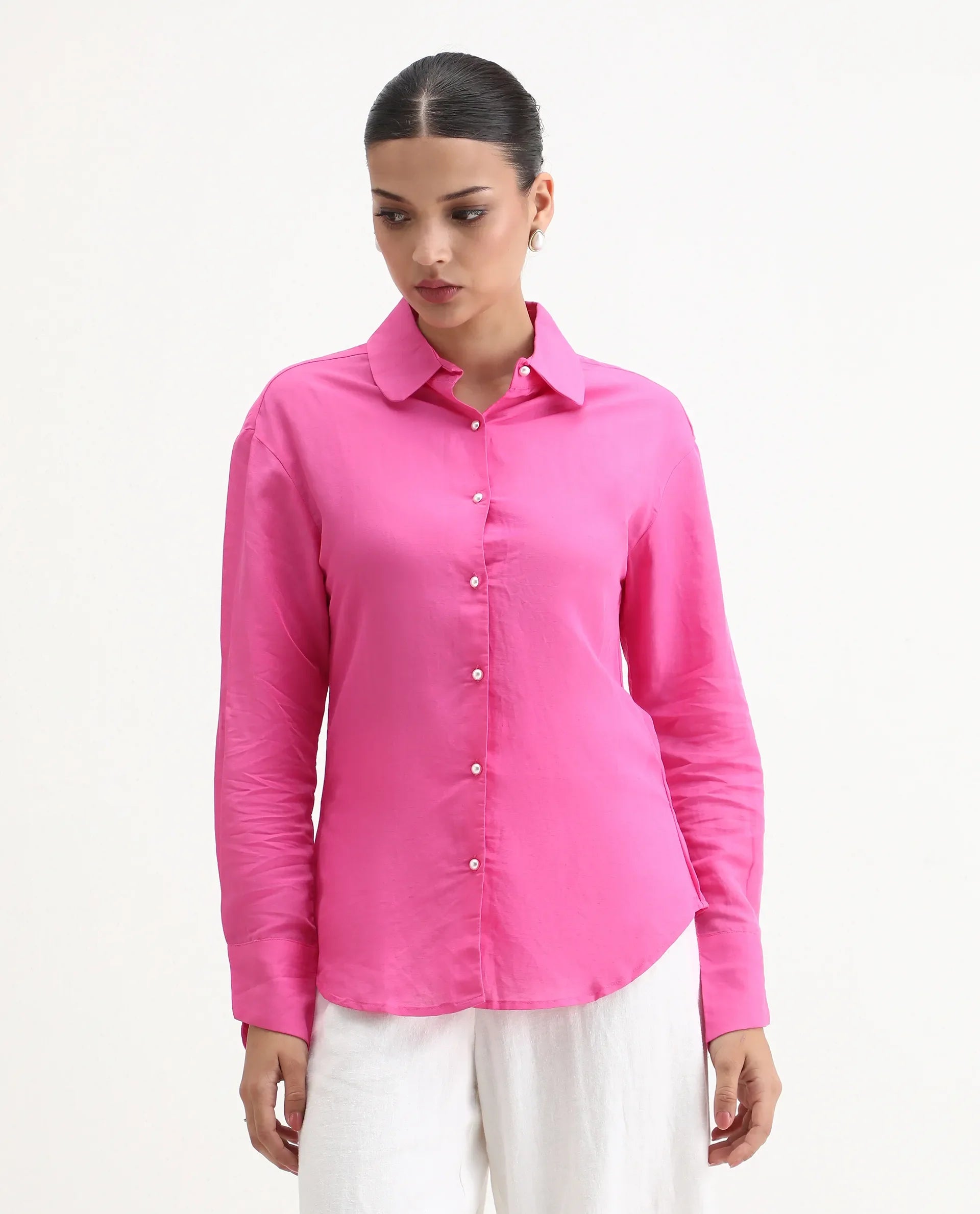 Rareism Women's Jayleen Pink Linen Spread Collar Plain Slim Fit Top