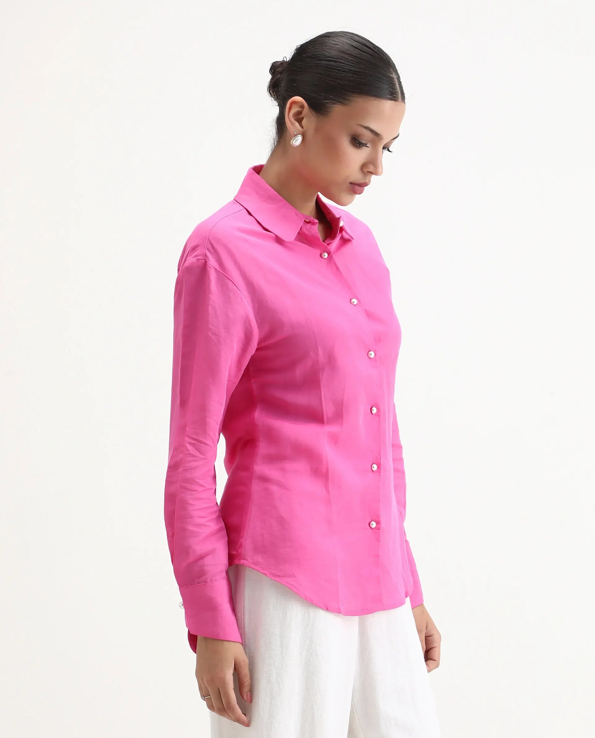 Rareism Women's Jayleen Pink Linen Spread Collar Plain Slim Fit Top