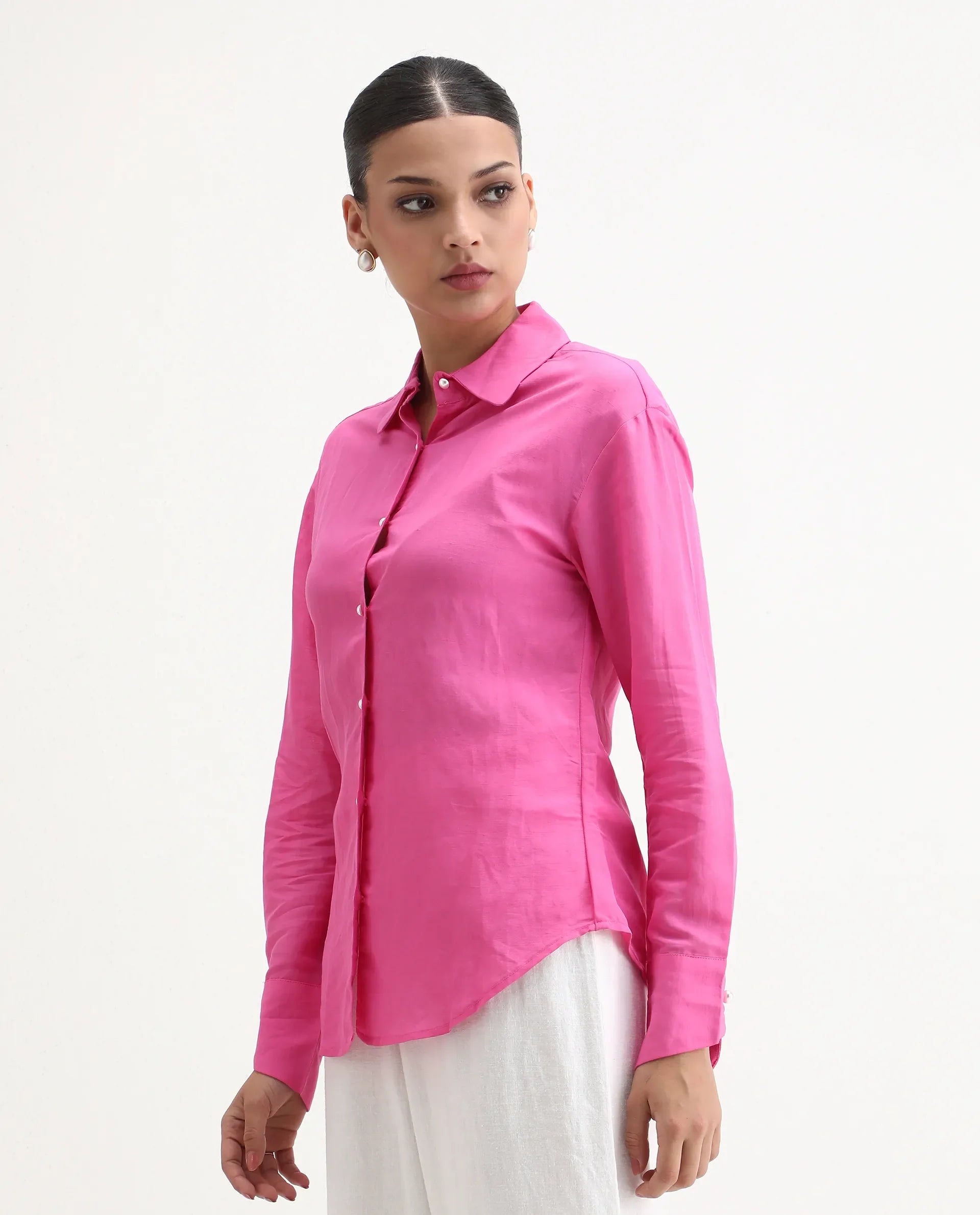 Rareism Women's Jayleen Pink Linen Spread Collar Plain Slim Fit Top