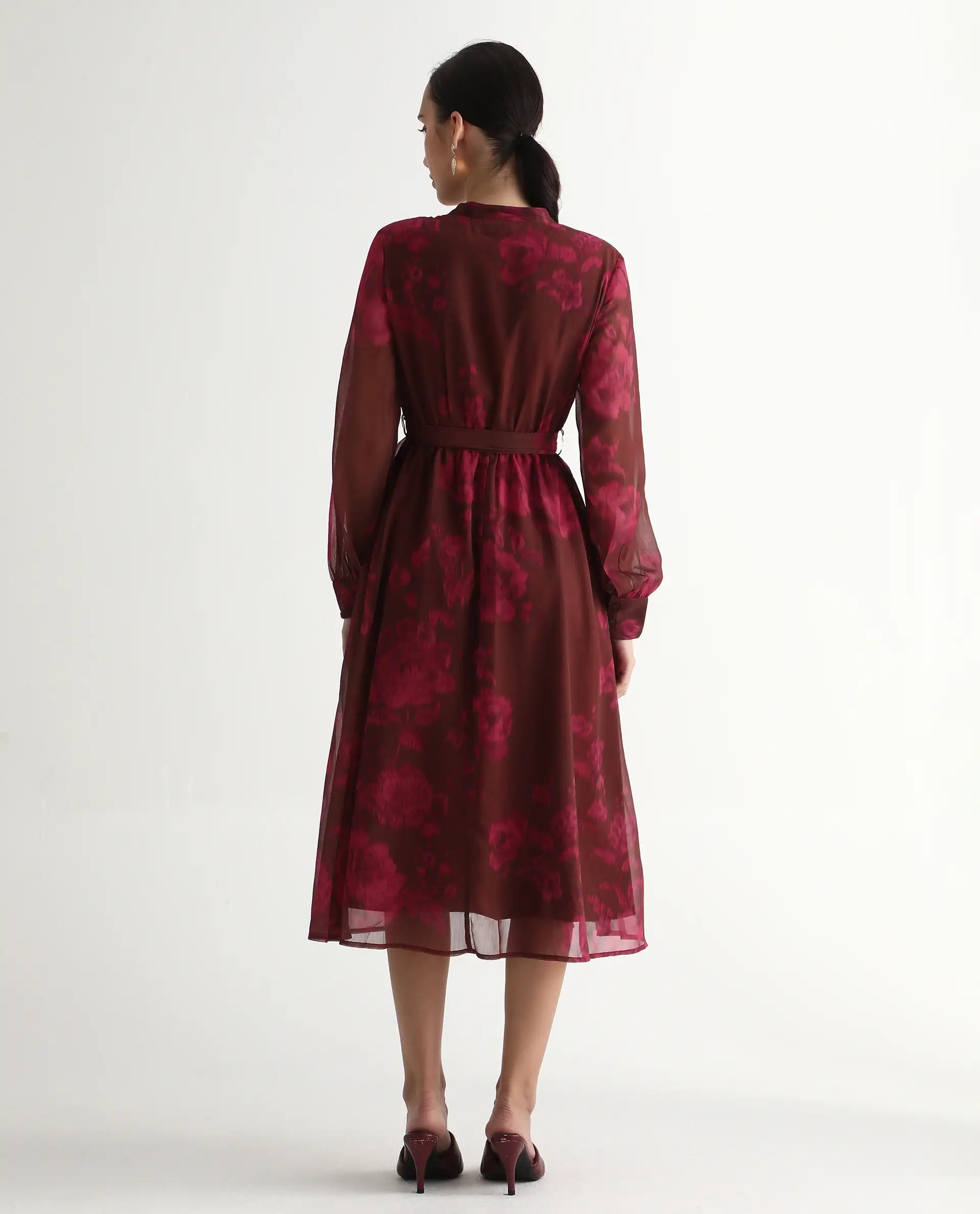 Rareism Women Jeho Brown Cuffed Sleeve Mandarin Collar Flared Midi Printed Dress