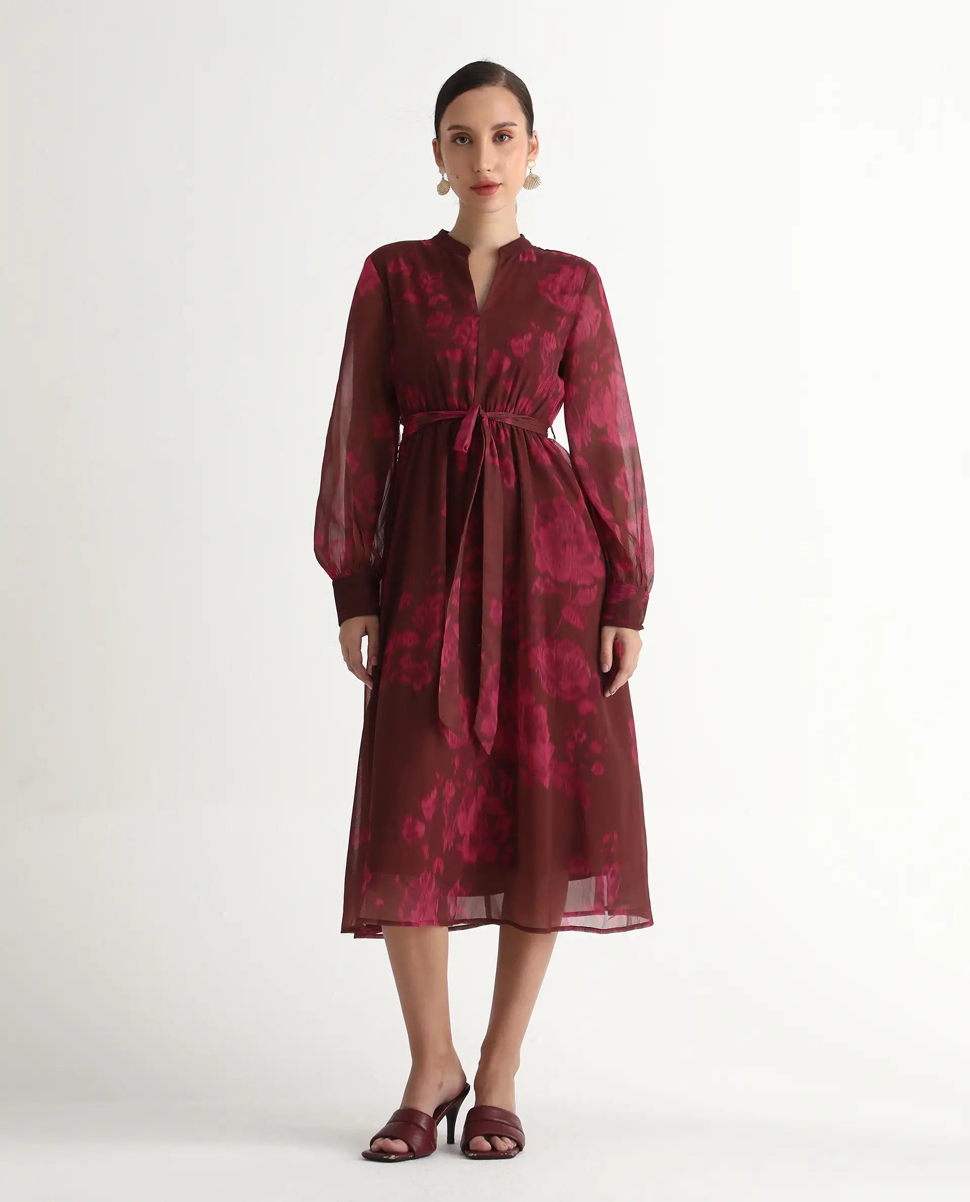 Rareism Women Jeho Brown Cuffed Sleeve Mandarin Collar Flared Midi Printed Dress