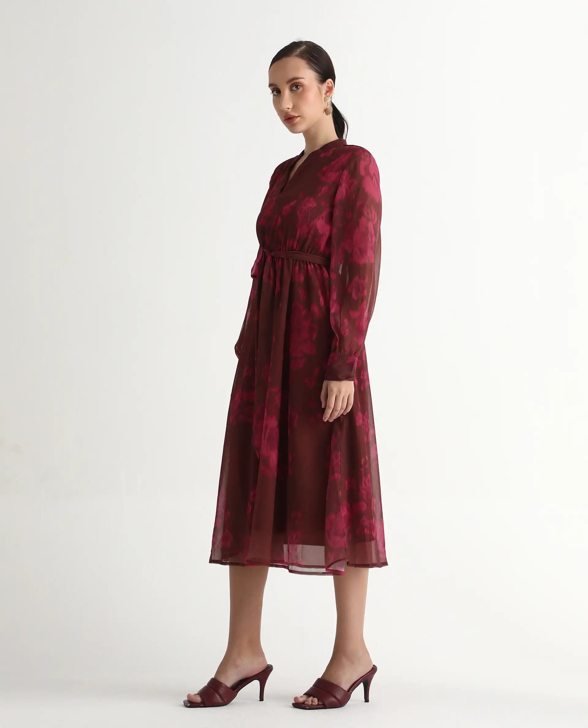 Rareism Women Jeho Brown Cuffed Sleeve Mandarin Collar Flared Midi Printed Dress