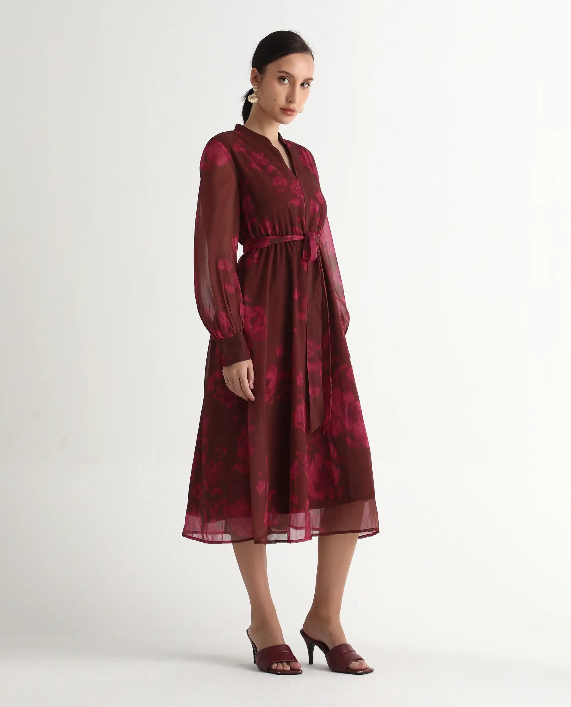 Rareism Women Jeho Brown Cuffed Sleeve Mandarin Collar Flared Midi Printed Dress