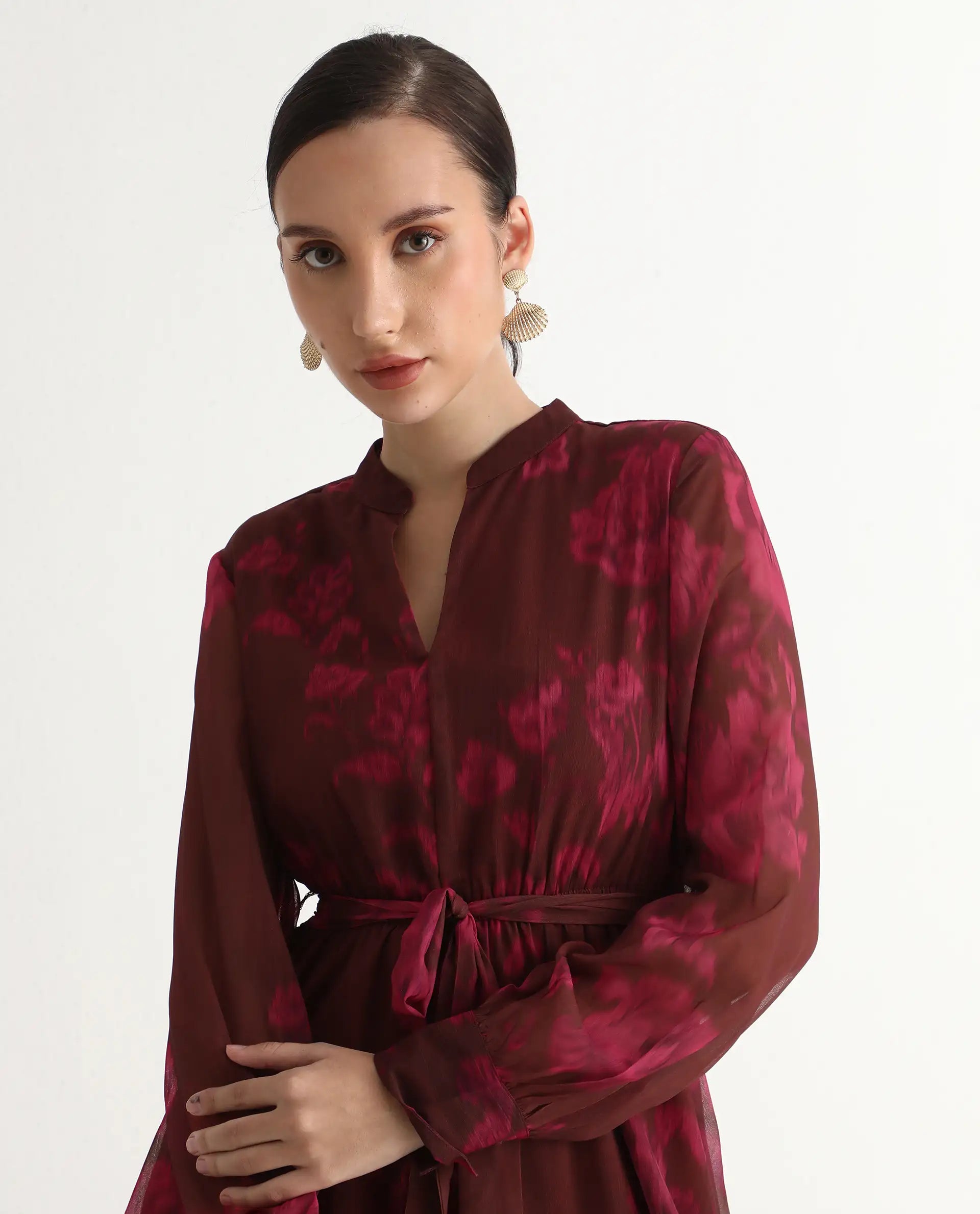 Rareism Women Jeho Brown Cuffed Sleeve Mandarin Collar Flared Midi Printed Dress