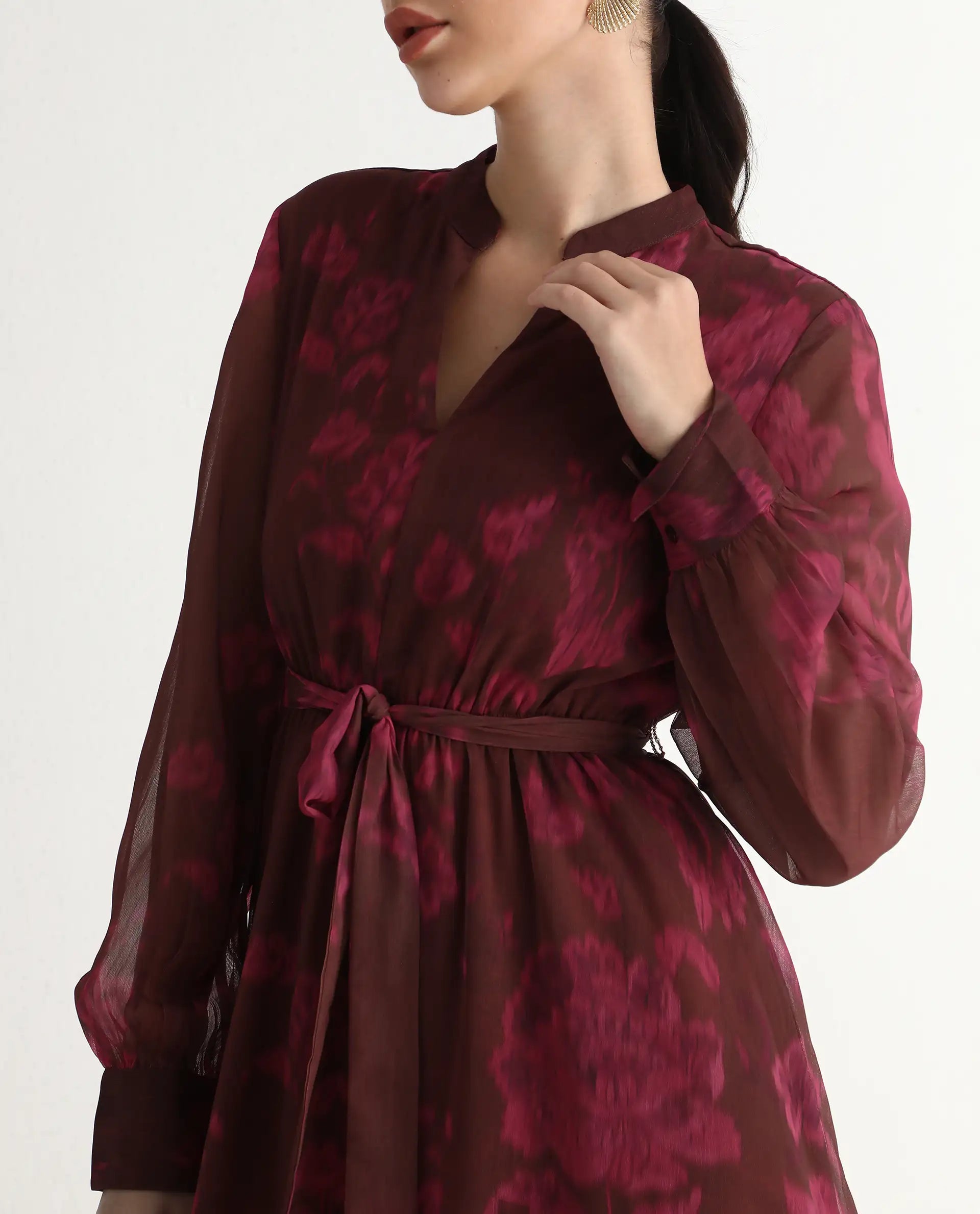 Rareism Women Jeho Brown Cuffed Sleeve Mandarin Collar Flared Midi Printed Dress