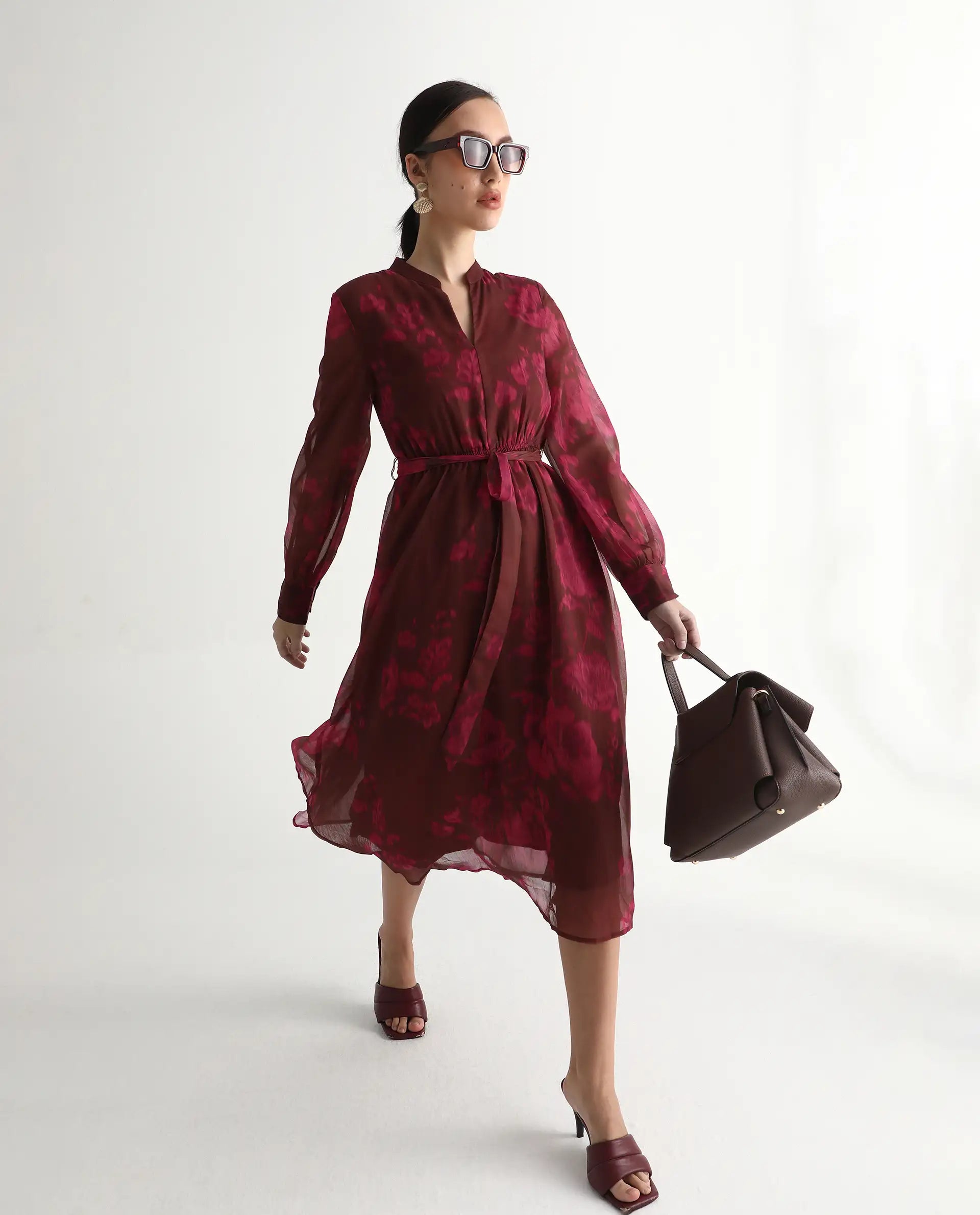 Rareism Women Jeho Brown Cuffed Sleeve Mandarin Collar Flared Midi Printed Dress