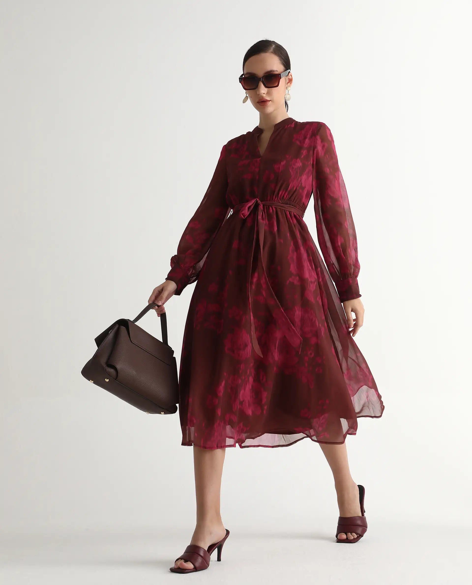 Rareism Women Jeho Brown Cuffed Sleeve Mandarin Collar Flared Midi Printed Dress