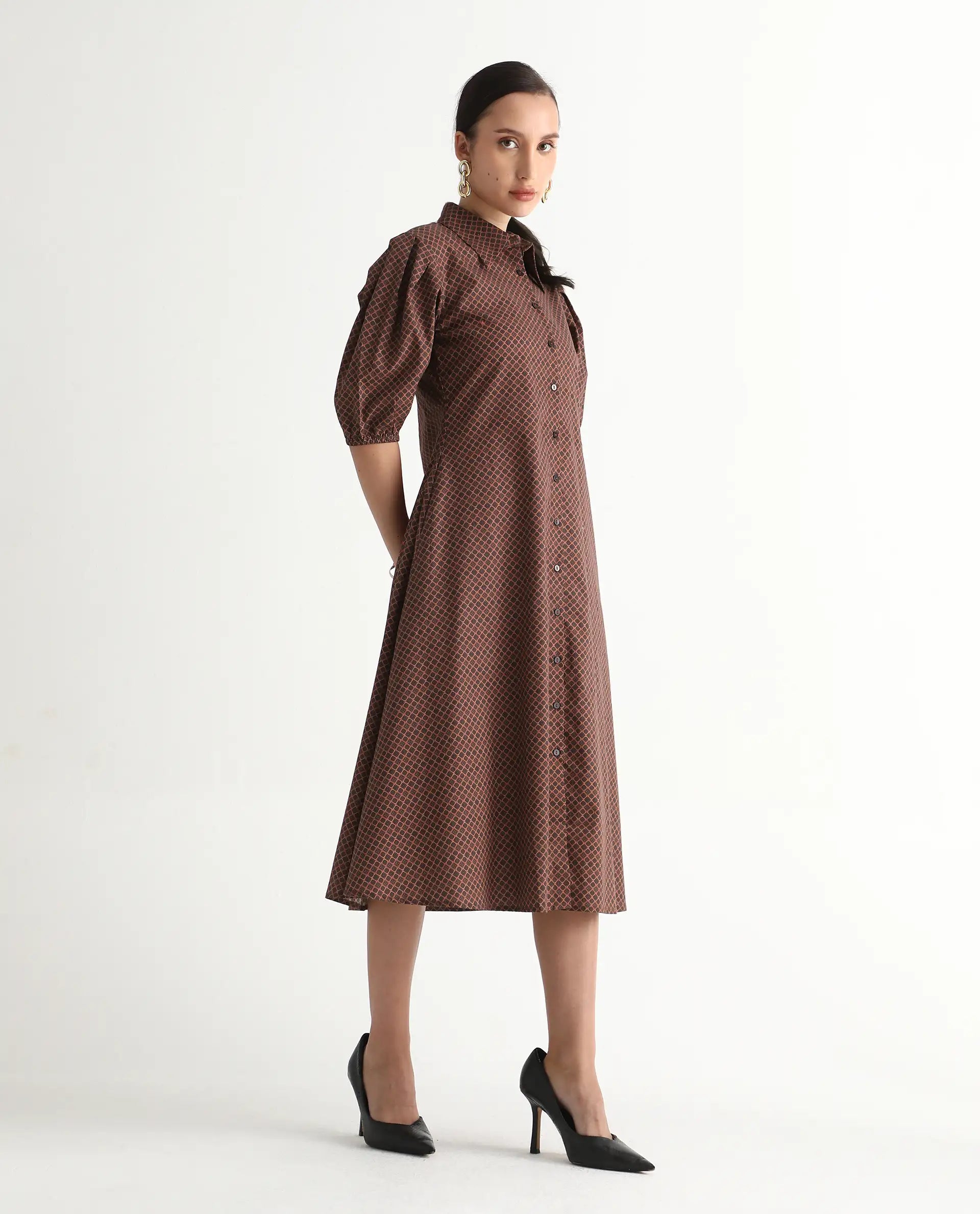 Rareism Women's Jembot Dark Green Cotton Collared Neck A-Line Geometric Print Midi Dress