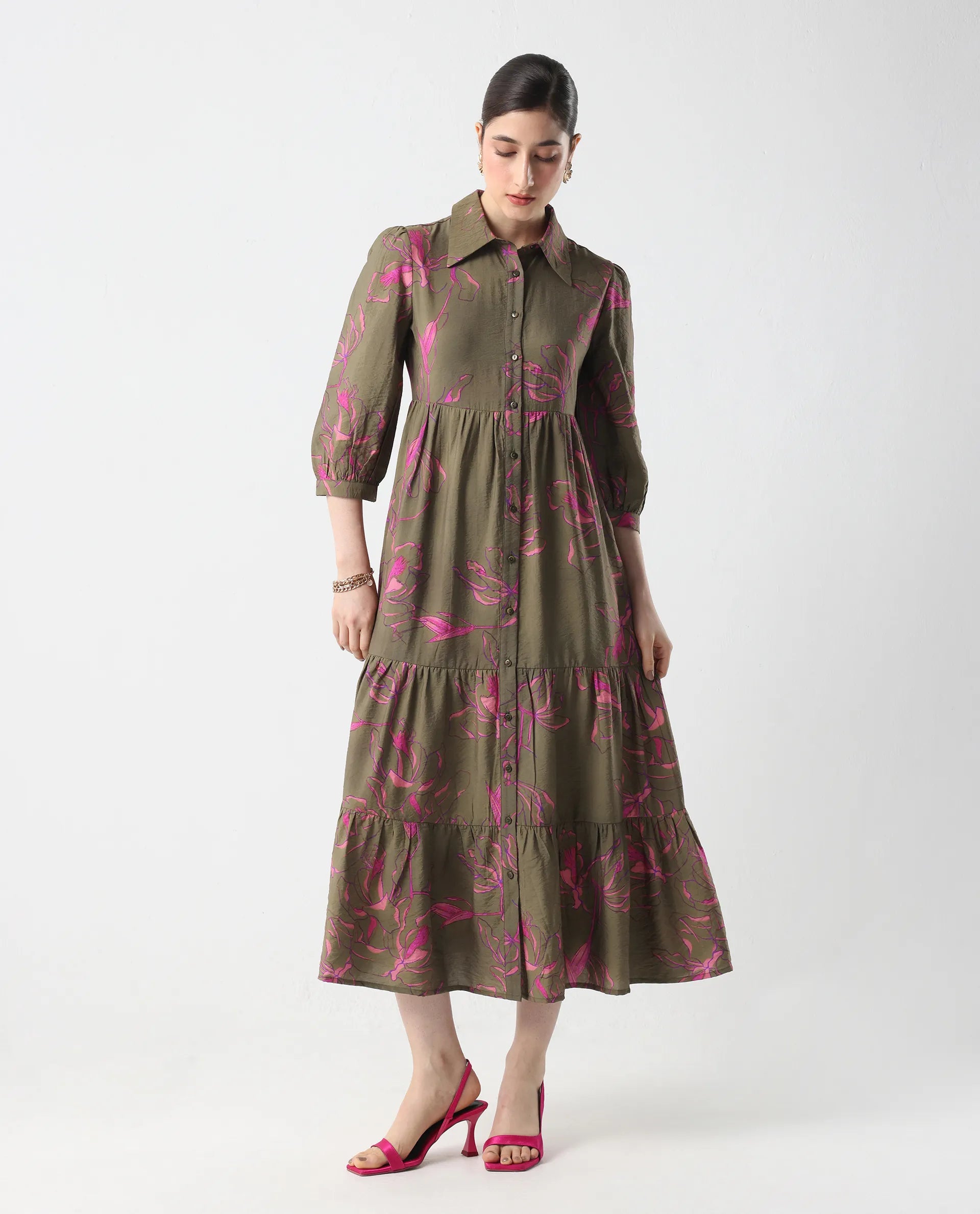 Rareism Women's Jenbel Multi Viscose Blend Spread Collar Flared Floral Print Dress