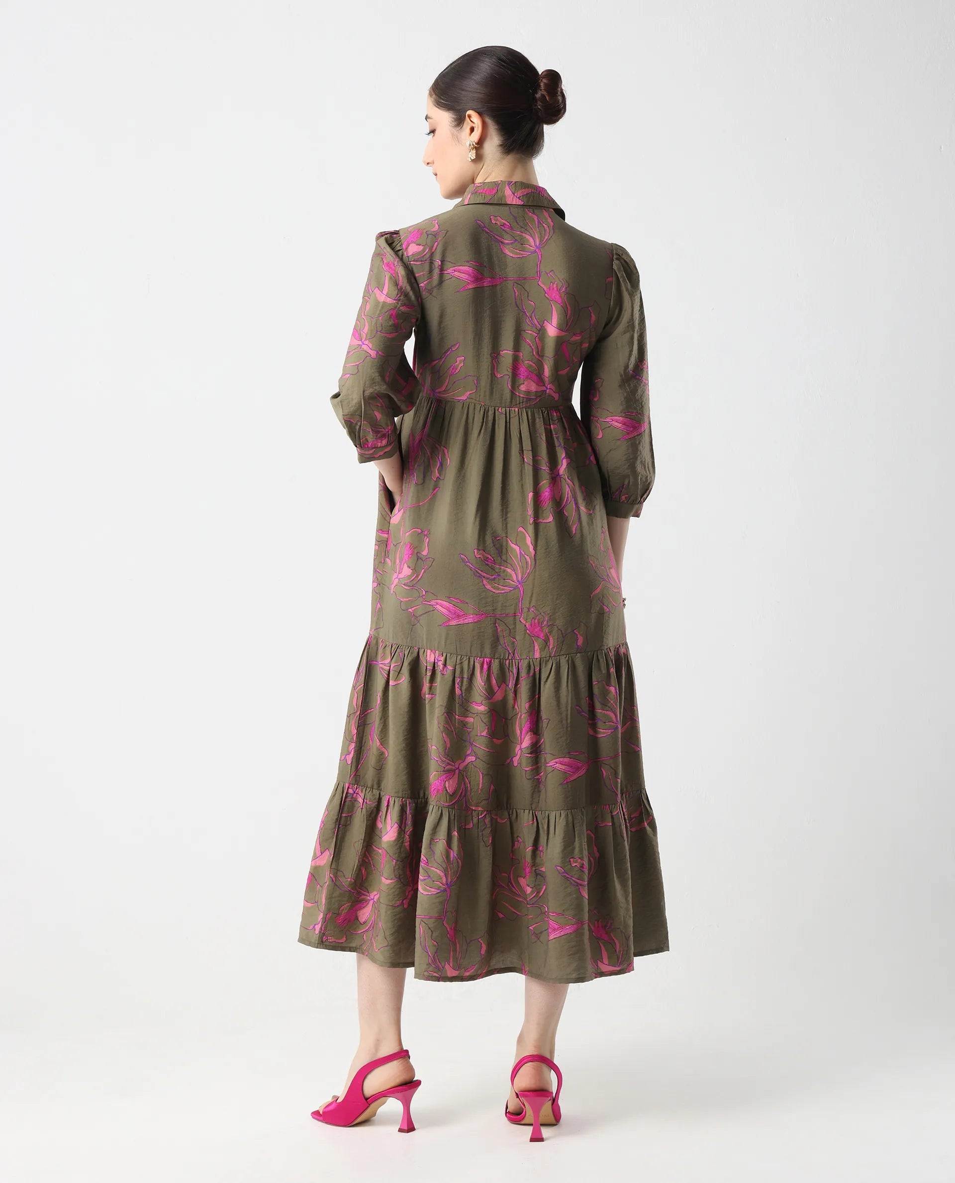 Rareism Women's Jenbel Multi Viscose Blend Spread Collar Flared Floral Print Dress