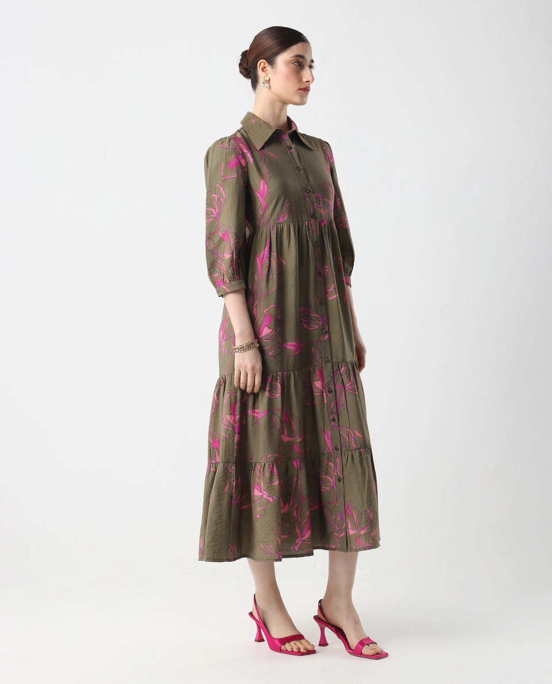 Rareism Women's Jenbel Multi Viscose Blend Spread Collar Flared Floral Print Dress