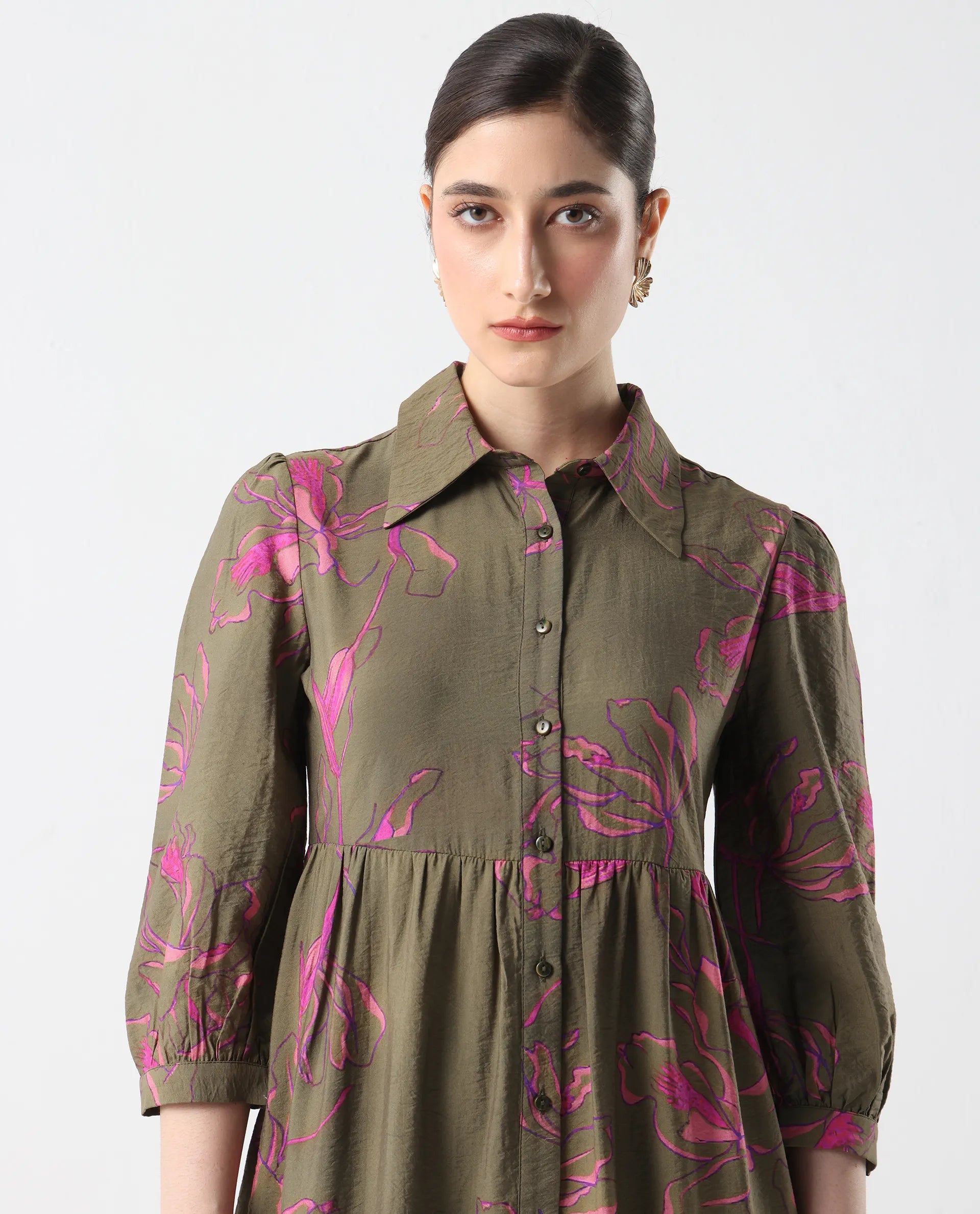 Rareism Women's Jenbel Multi Viscose Blend Spread Collar Flared Floral Print Dress