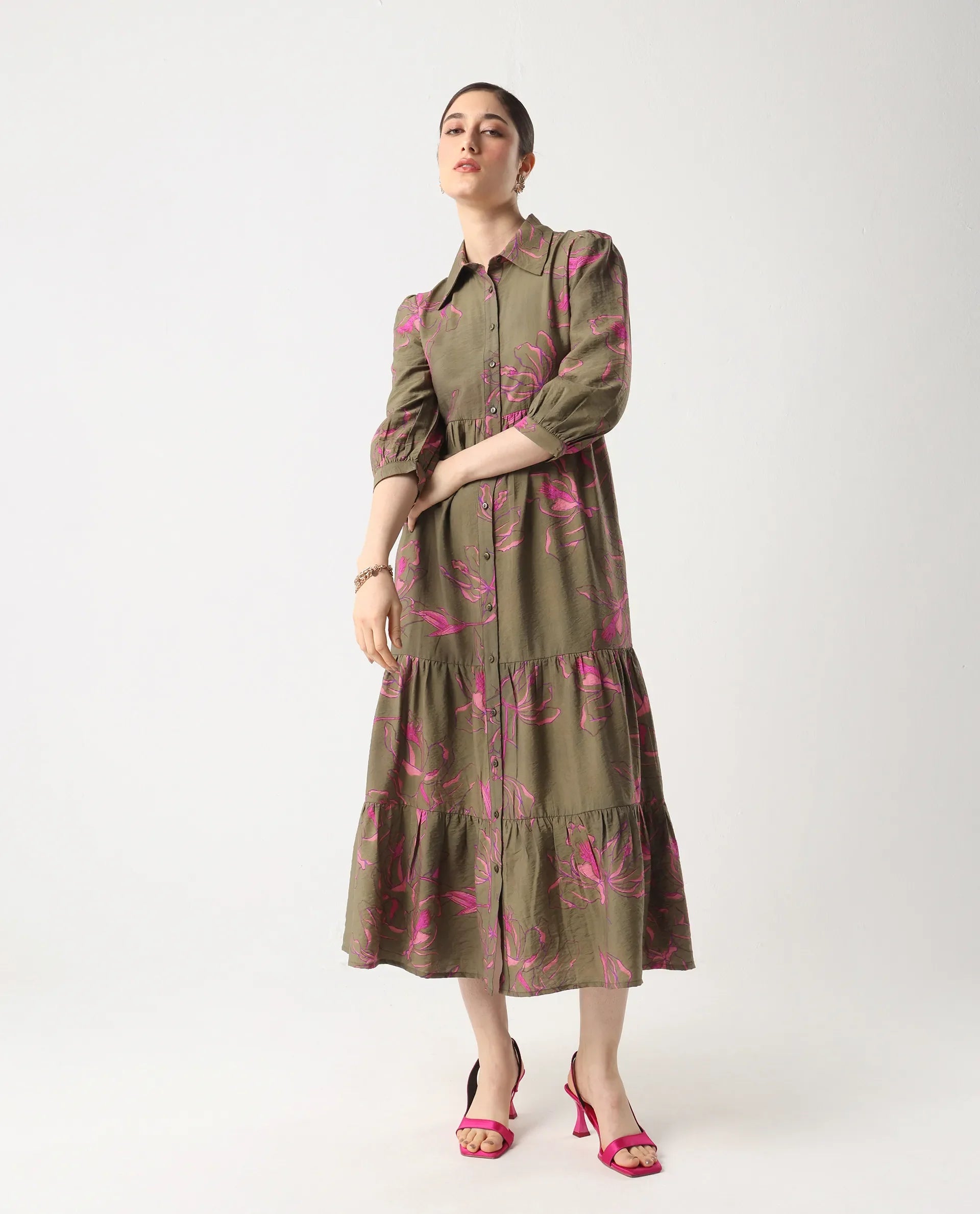 Rareism Women's Jenbel Multi Viscose Blend Spread Collar Flared Floral Print Dress