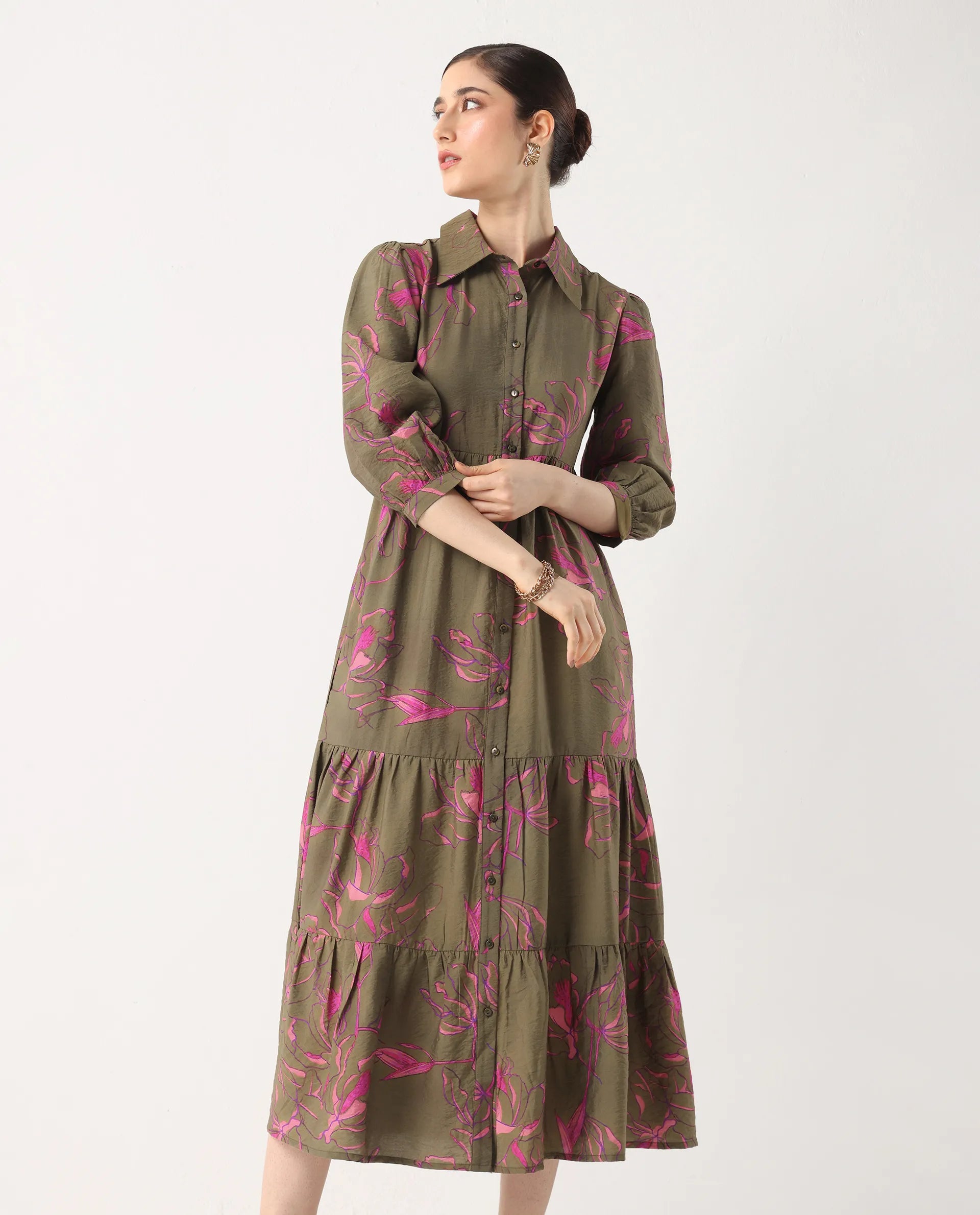 Rareism Women's Jenbel Multi Viscose Blend Spread Collar Flared Floral Print Dress