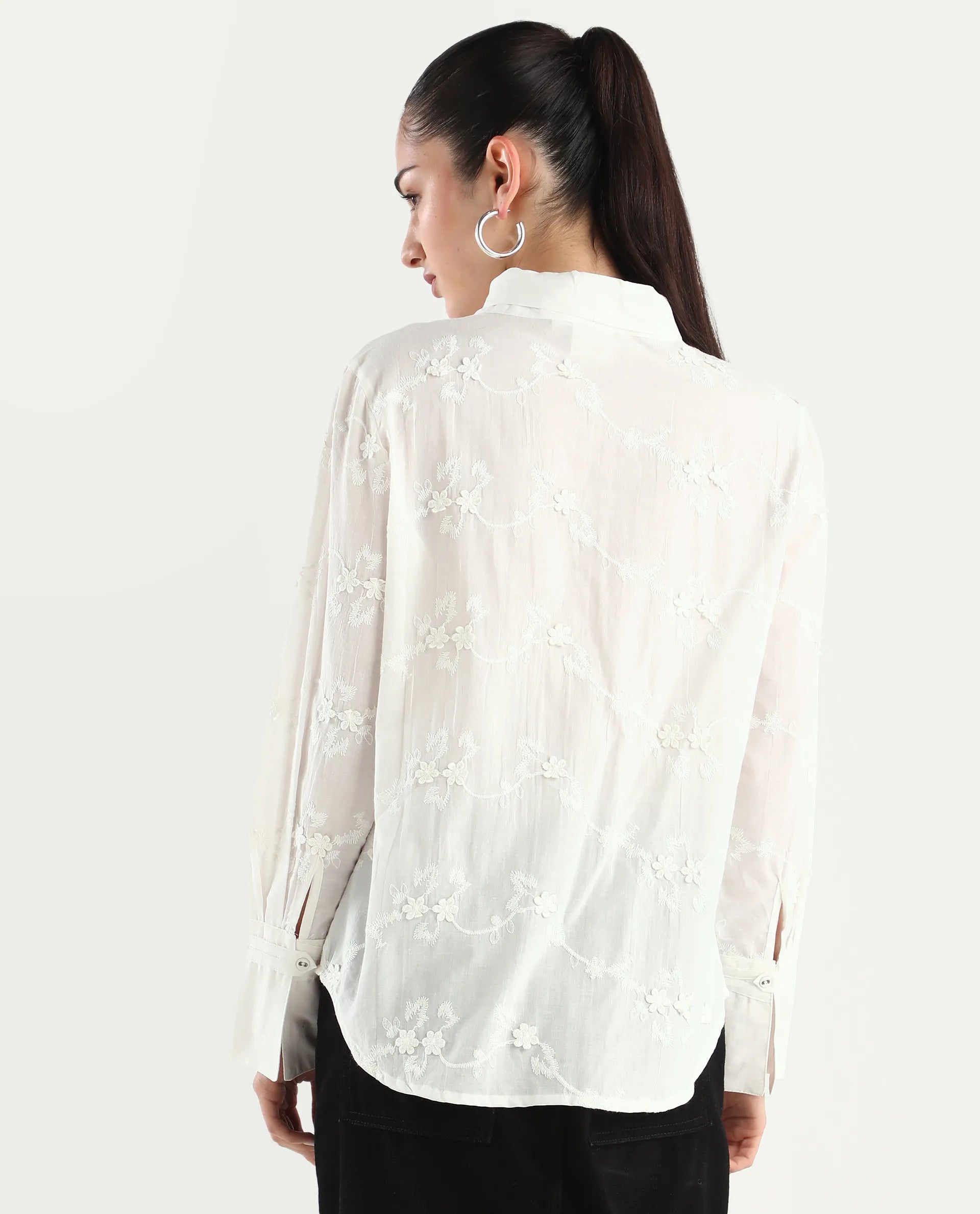 Rareism Women's Jeneiro White Cotton Tie-Up Neck Plain Cuffed Sleeve Regular Fit Shirt